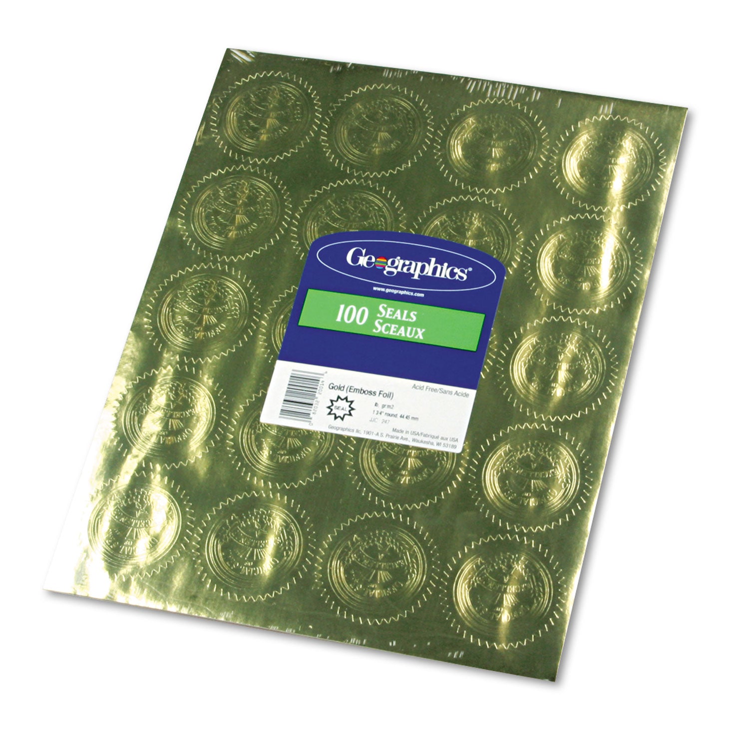 Geographics® Self-Adhesive Embossed Seals, 2" dia, Gold, 20/Sheet, 5 Sheets/Pack