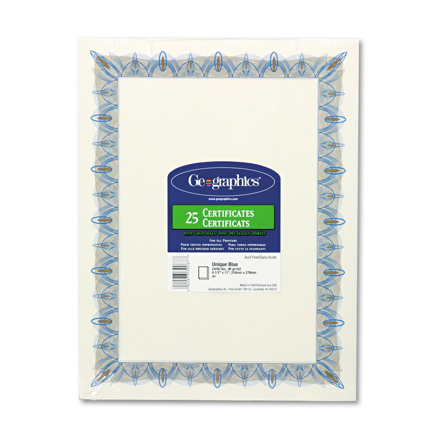 Geographics® Award Certificates with Gold Seals, 8.5 x 11, Unique Blue with White Border, 25/Pack