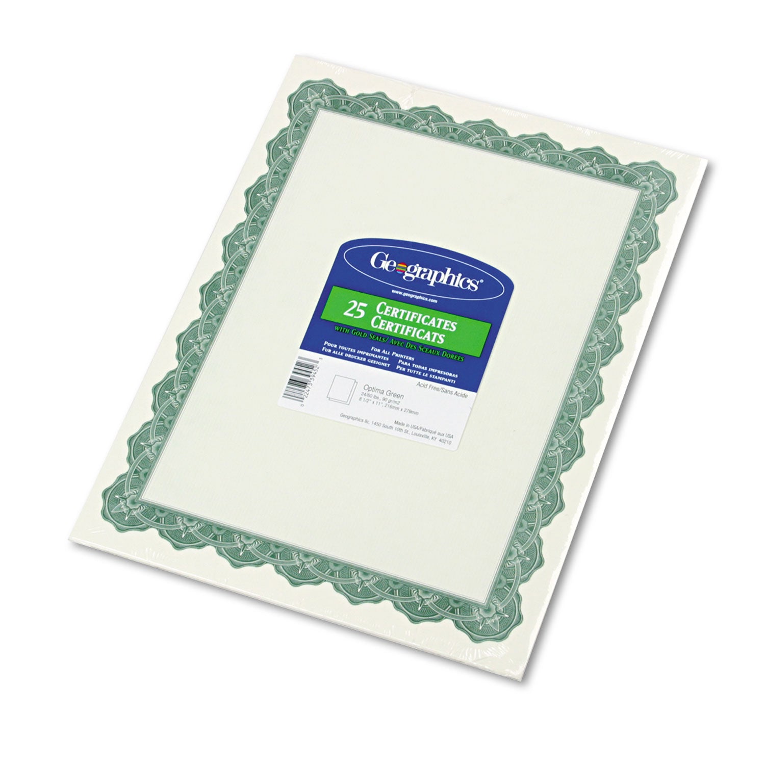 Parchment Paper Certificates, 8.5 x 11, Optima Green with White Border, 25/Pack