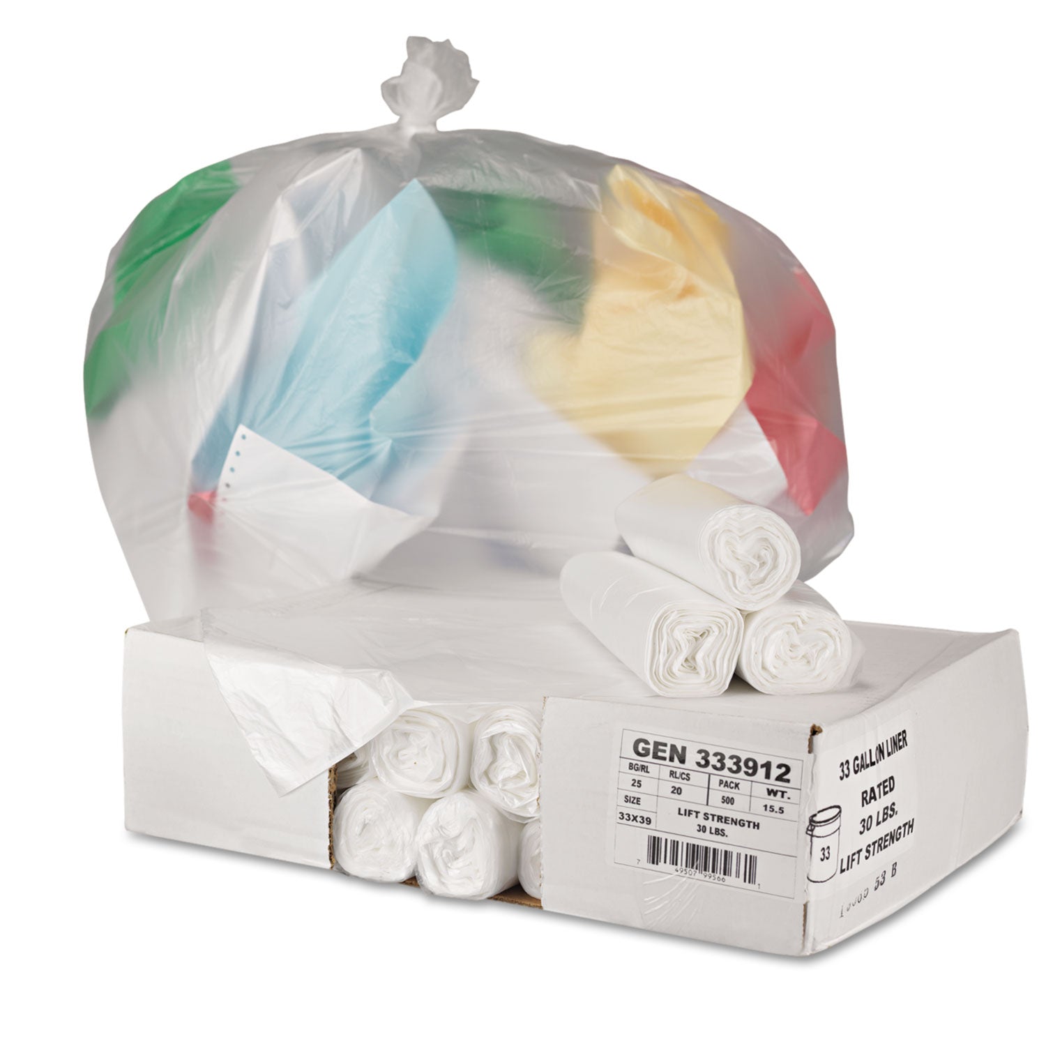 General Supply High-Density Can Liners, 33 gal, 9 mic, 33" x 39", Natural, Perforated Roll, 25 Bags/Roll, 20 Rolls/Carton