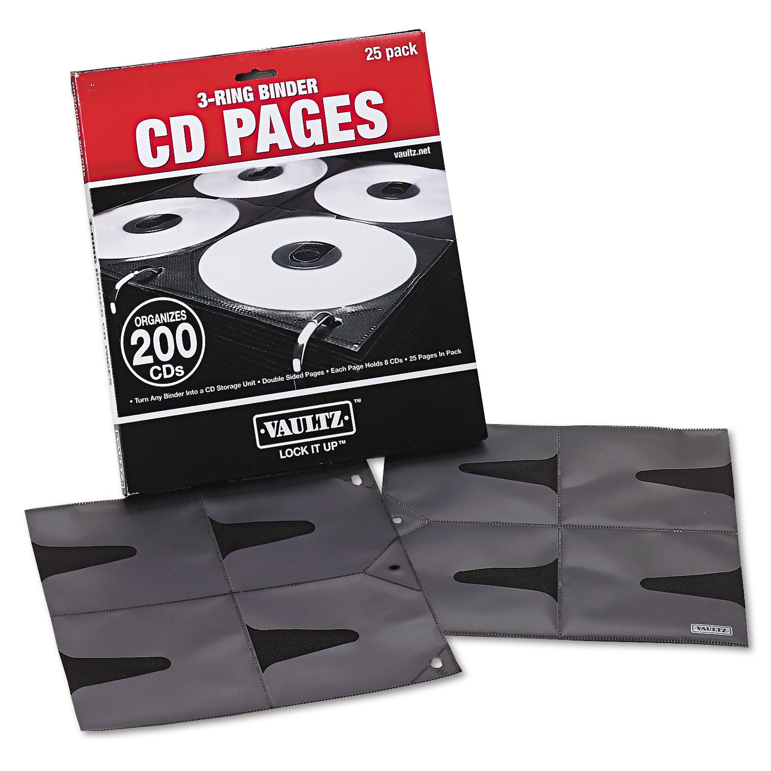 Vaultz® Two-Sided CD Refill Pages for Three-Ring Binder, 8 Disc Capacity, Clear/Black, 25/Pack