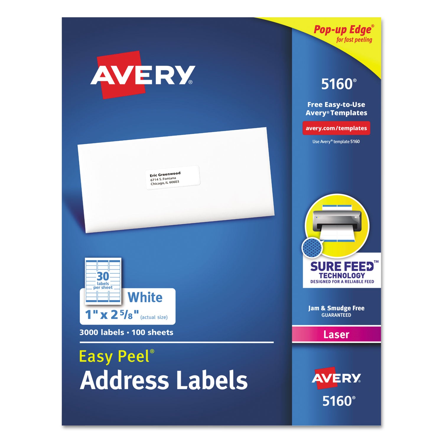 Easy Peel White Address Labels w/ Sure Feed Technology, Laser Printers, 1 x 2.63, White, 30/Sheet, 100 Sheets/Box