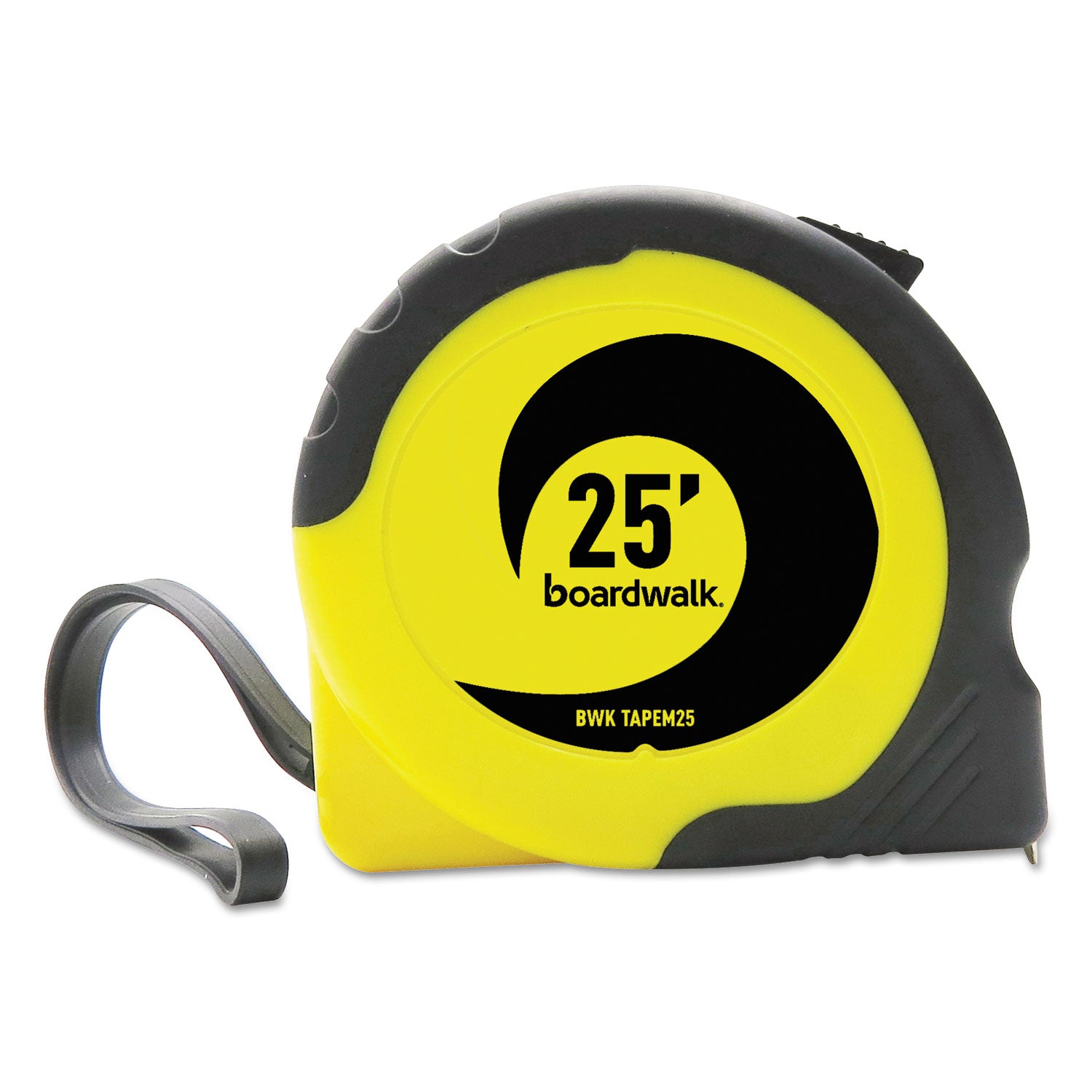 Boardwalk® Easy Grip Tape Measure, 25 ft, Plastic Case, Black and Yellow, 1/16