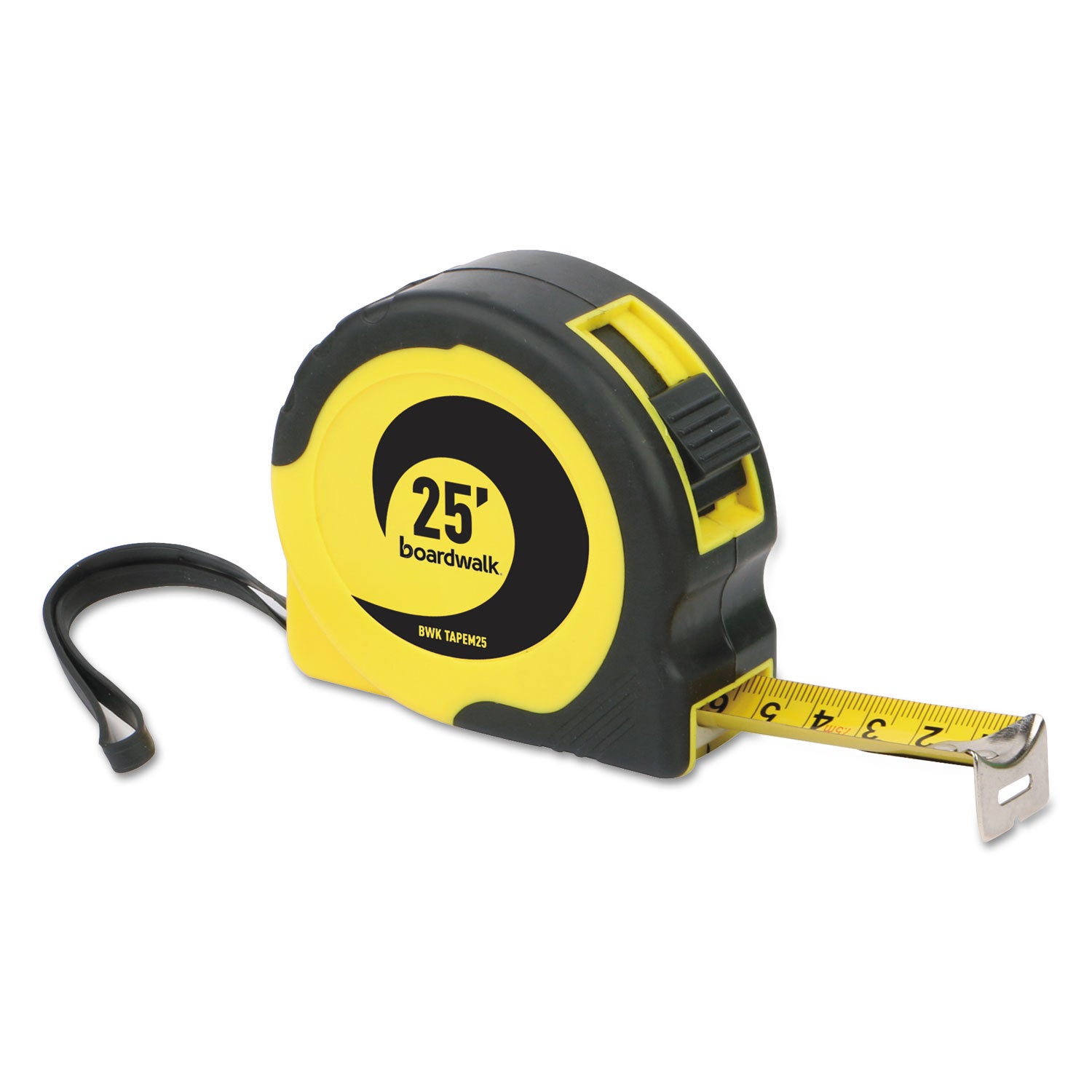 Boardwalk® Easy Grip Tape Measure, 25 ft, Plastic Case, Black and Yellow, 1/16