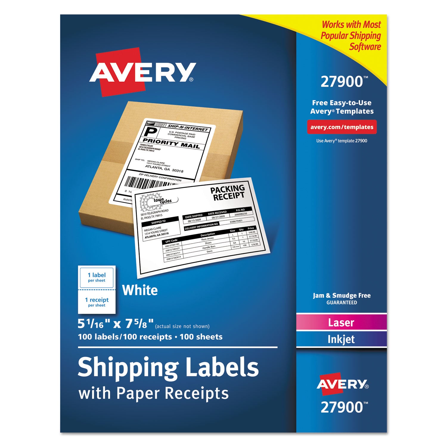 Avery® Shipping Labels with Paper Receipt Bulk Pack, Inkjet/Laser Printers, 5.06 x 7.63, White, 100/Box