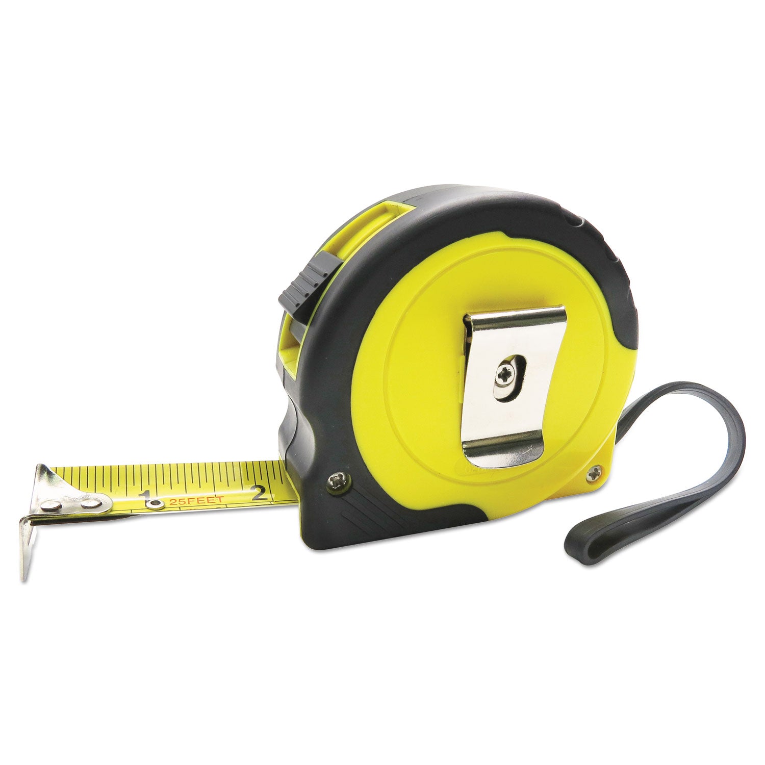 Boardwalk® Easy Grip Tape Measure, 25 ft, Plastic Case, Black and Yellow, 1/16