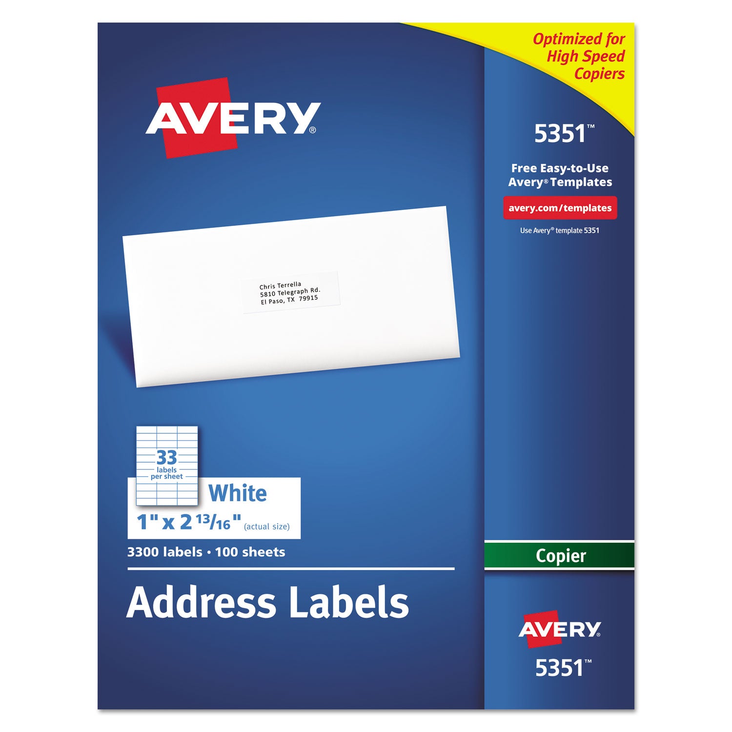 Copier Mailing Labels, Copiers, 1 x 2.81, White, 33/Sheet, 100 Sheets/Box