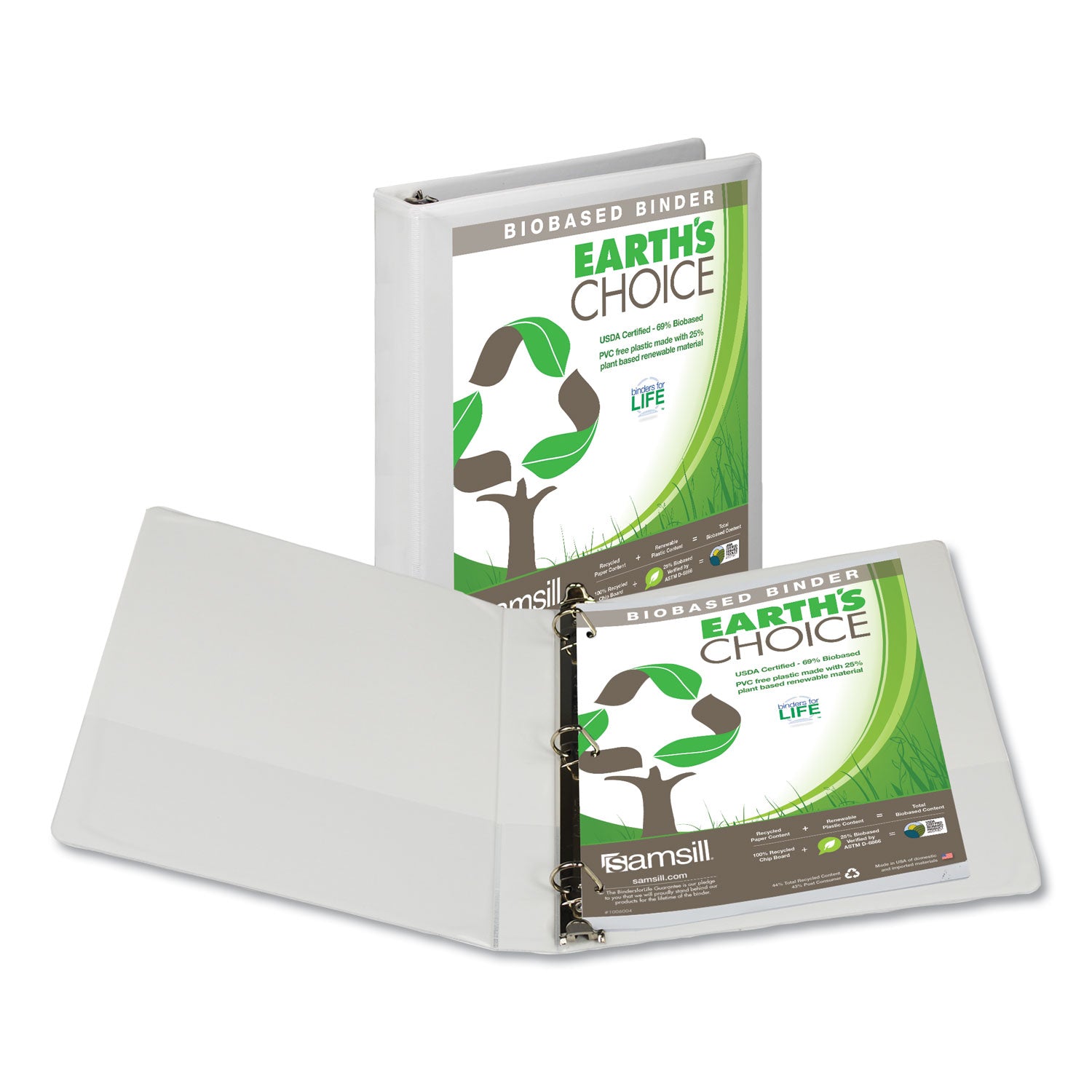 Samsill® Earth's Choice Plant-Based D-Ring View Binder, 3 Rings, 1" Capacity, 11 x 8.5, White