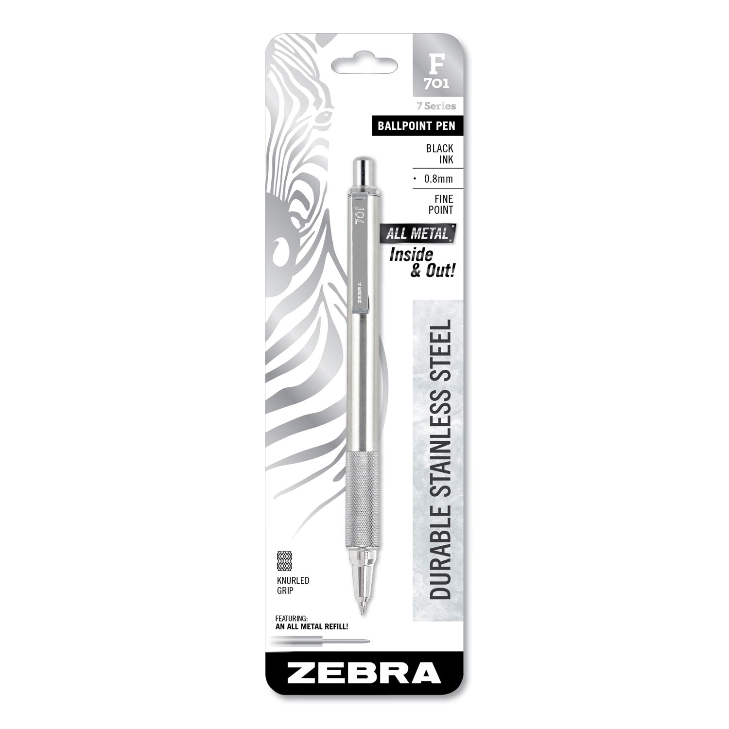 Zebra® F-701 Ballpoint Pen, Retractable, Fine 0.7 mm, Black Ink, Stainless Steel/Black Barrel