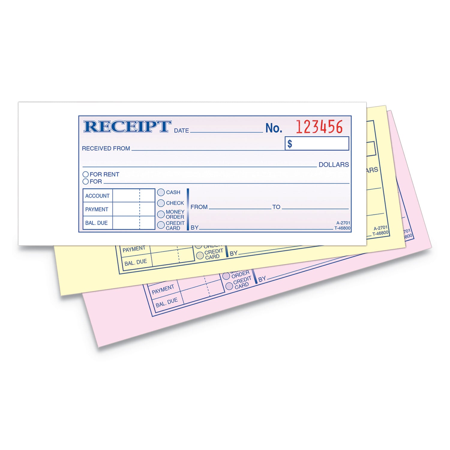 Receipt Book, Three-Part Carbonless, 2.75 x 7.19, 50 Forms Total