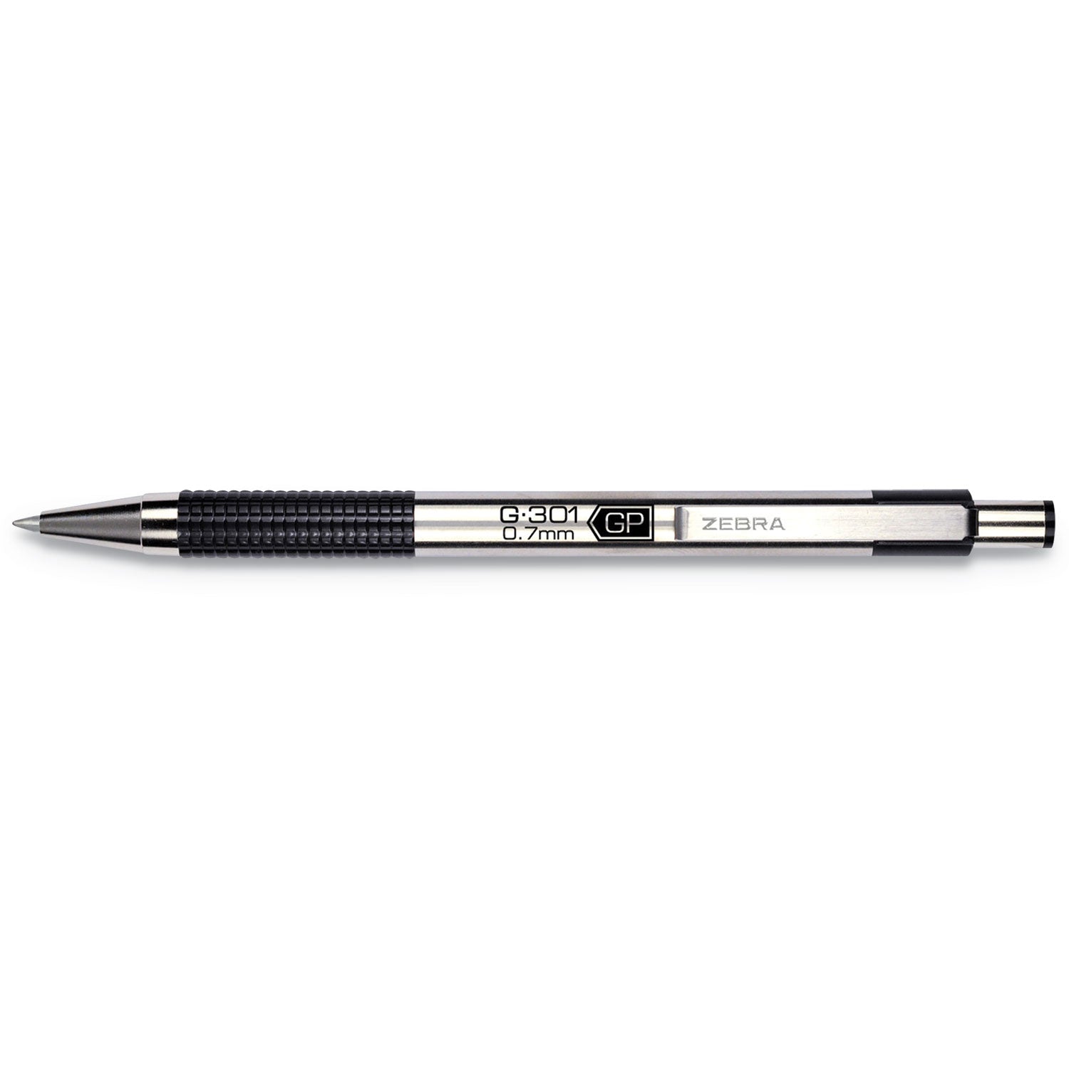 Zebra® G-301 Gel Pen, Retractable, Medium 0.7 mm, Black Ink, Stainless Steel/Black Barrel