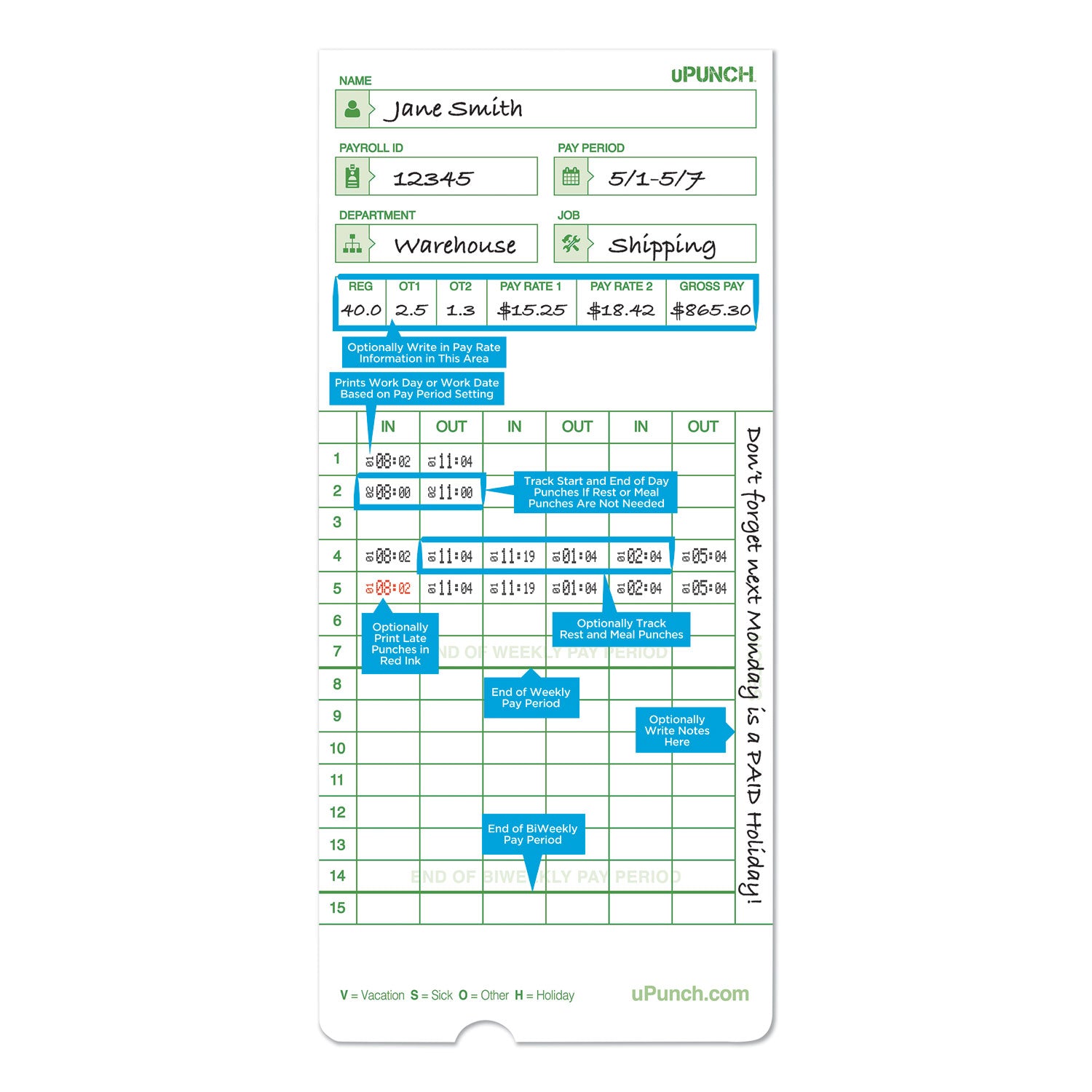 uPunch™ Time Clock Cards for uPunch HN1000/HN3000/HN3600, Two Sides, 7.5 x 3.5, 100/Pack