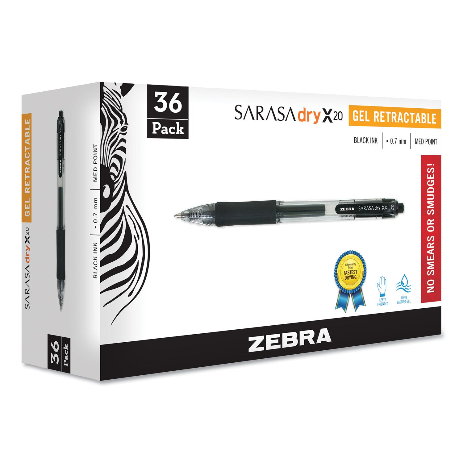 Zebra® Sarasa Dry Gel X20 Gel Pen, Retractable, Medium 0.7 mm, Black Ink, Clear/Black Barrel, 36/Pack