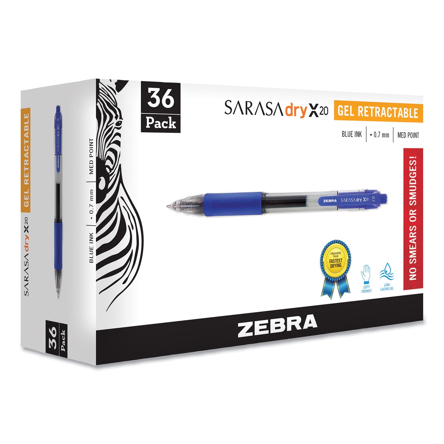 Zebra® Sarasa Dry Gel X20 Gel Pen, Retractable, Medium 0.7 mm, Blue Ink, Clear/Blue Barrel, 36/Pack