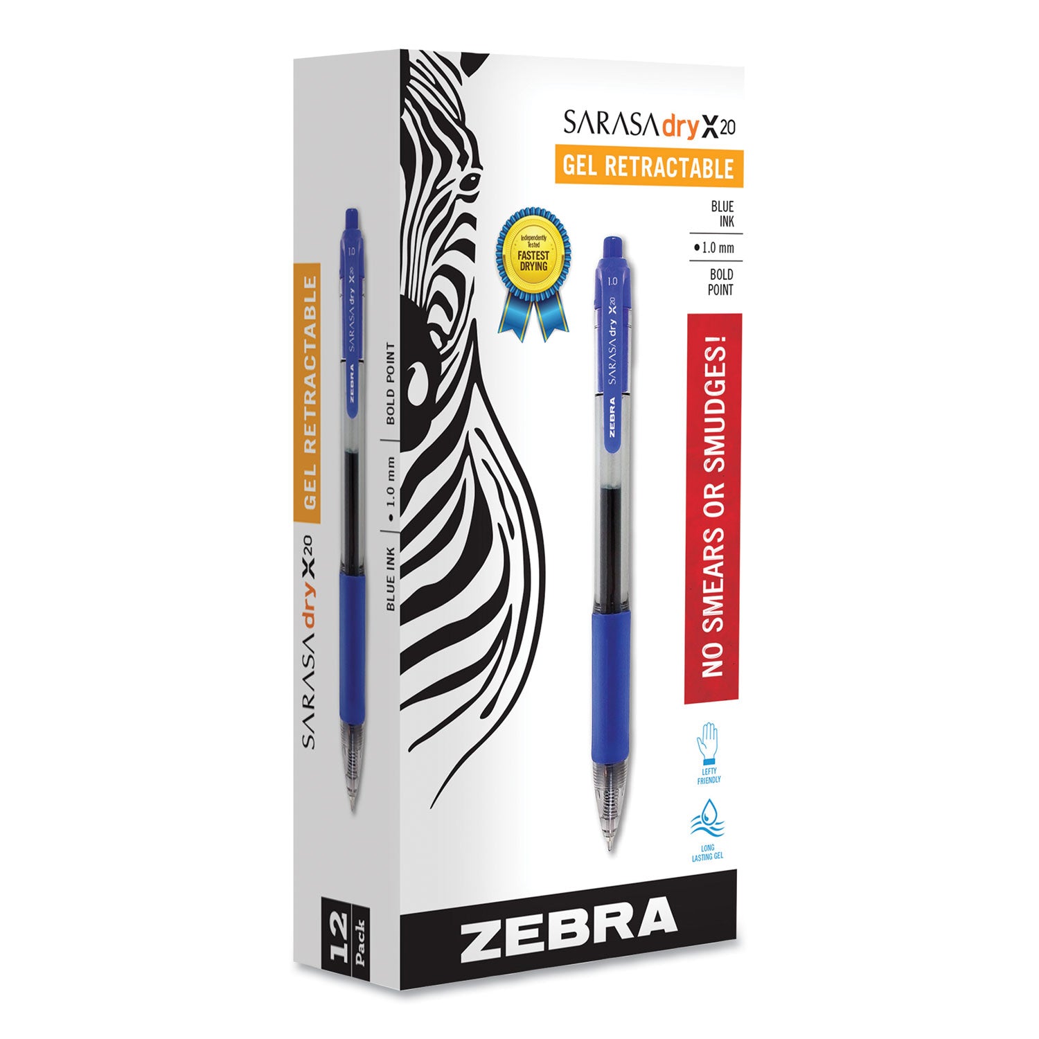 Zebra® Sarasa Dry Gel X20 Gel Pen, Retractable, Bold 1 mm, Blue Ink, Clear/Blue Barrel, 12/Pack