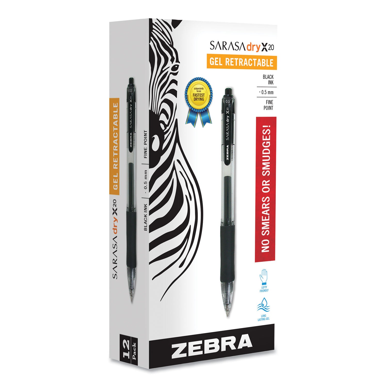 Zebra® Sarasa Dry Gel X20 Gel Pen, Retractable, Fine 0.5 mm, Black Ink, Clear/Black Barrel, 12/Pack