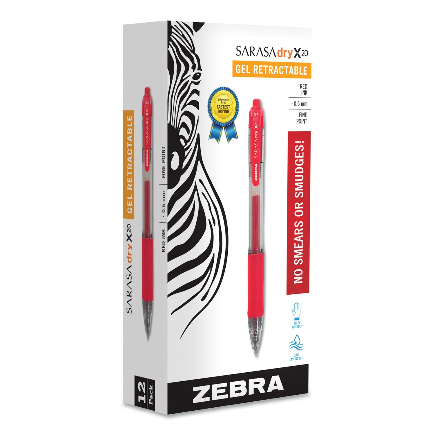 Zebra® Sarasa Dry Gel X20 Gel Pen, Retractable, Fine 0.5 mm, Red Ink, Clear/Red Barrel, 12/Pack