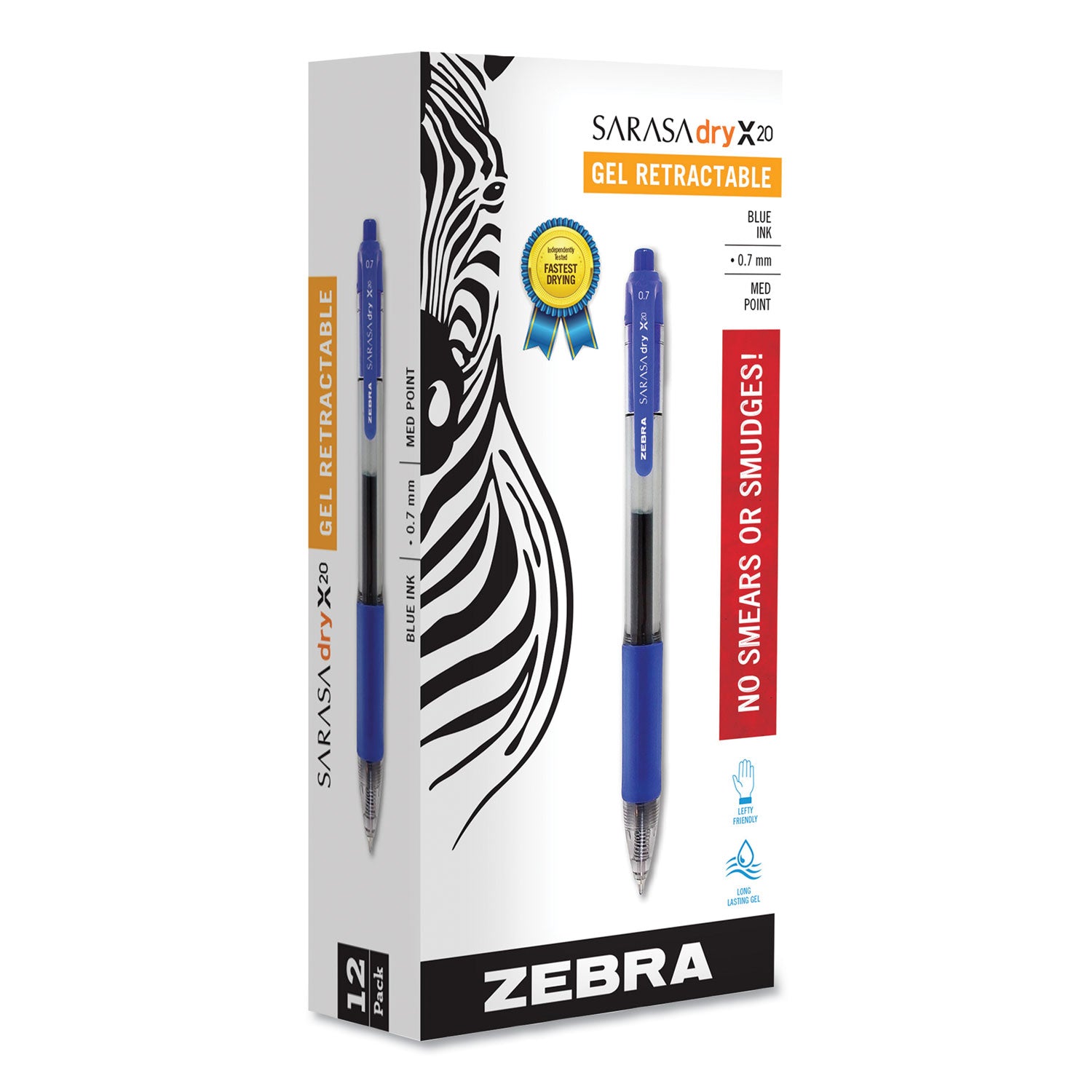 Zebra® Sarasa Dry Gel X20 Gel Pen, Retractable, Medium 0.7 mm, Blue Ink, Clear/Blue Barrel, 12/Pack