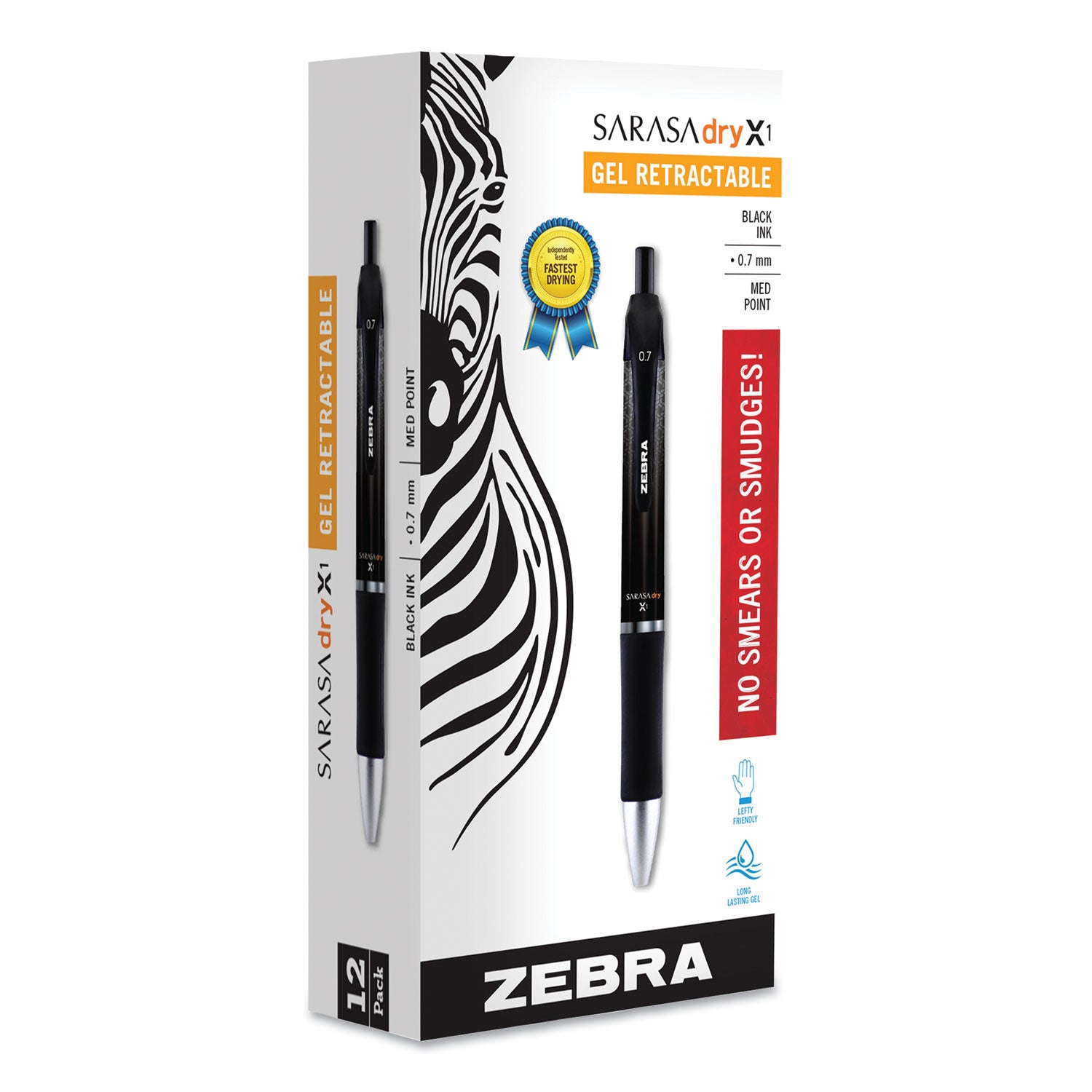 Zebra® Sarasa Dry Gel X1 Gel Pen, Retractable, Medium 0.7 mm, Black Ink, Black Barrel, 12/Pack