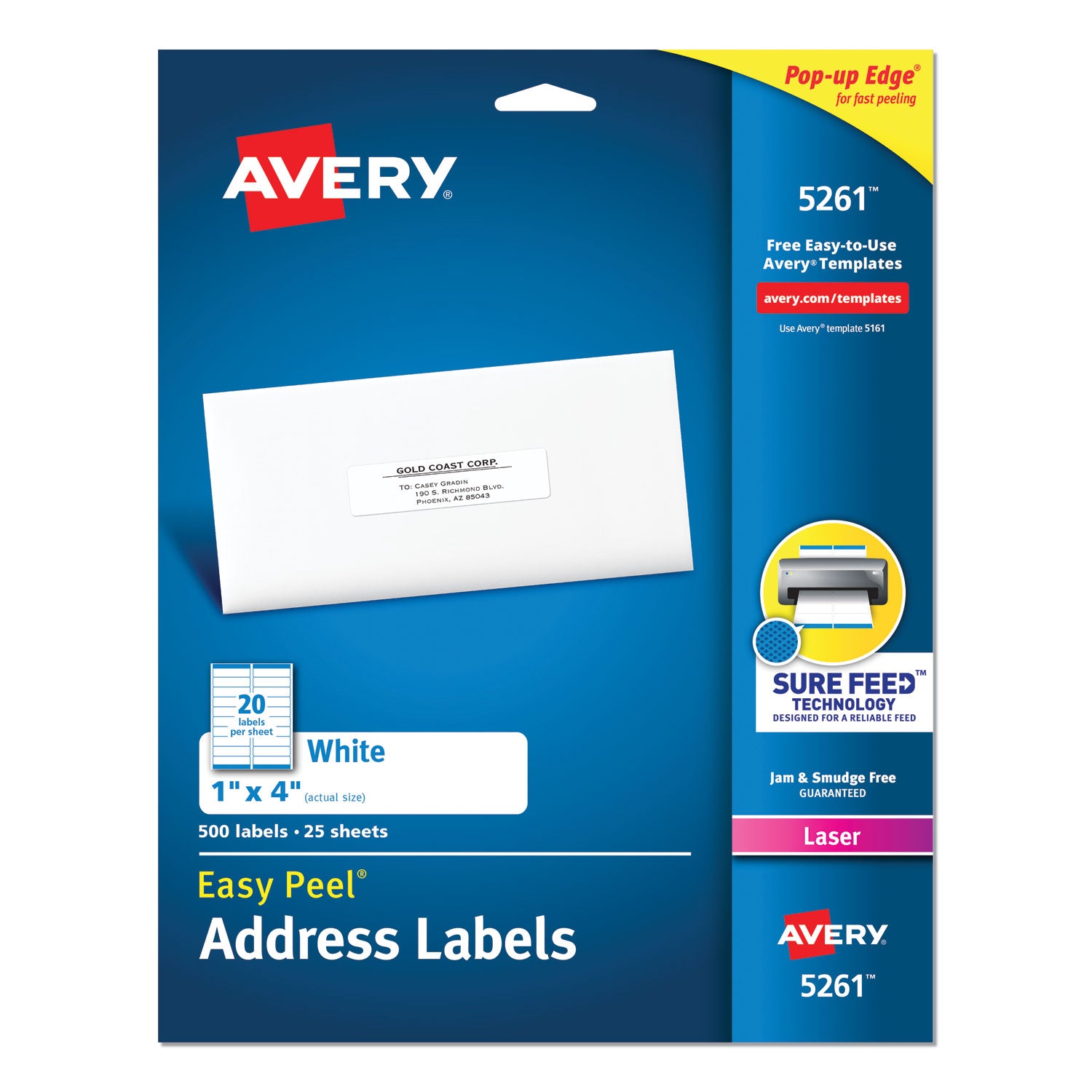 Easy Peel White Address Labels w/ Sure Feed Technology, Laser Printers, 1 x 4, White, 20/Sheet, 25 Sheets/Pack