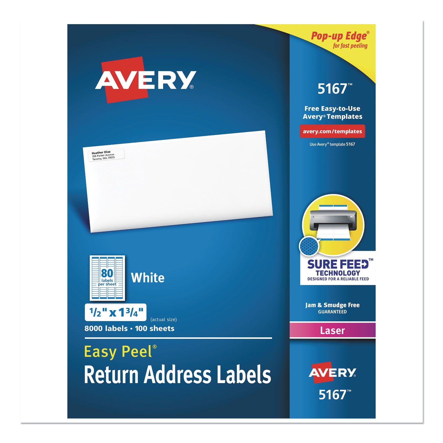 Easy Peel White Address Labels w/ Sure Feed Technology, Laser Printers, 0.5 x 1.75, White, 80/Sheet, 100 Sheets/Box