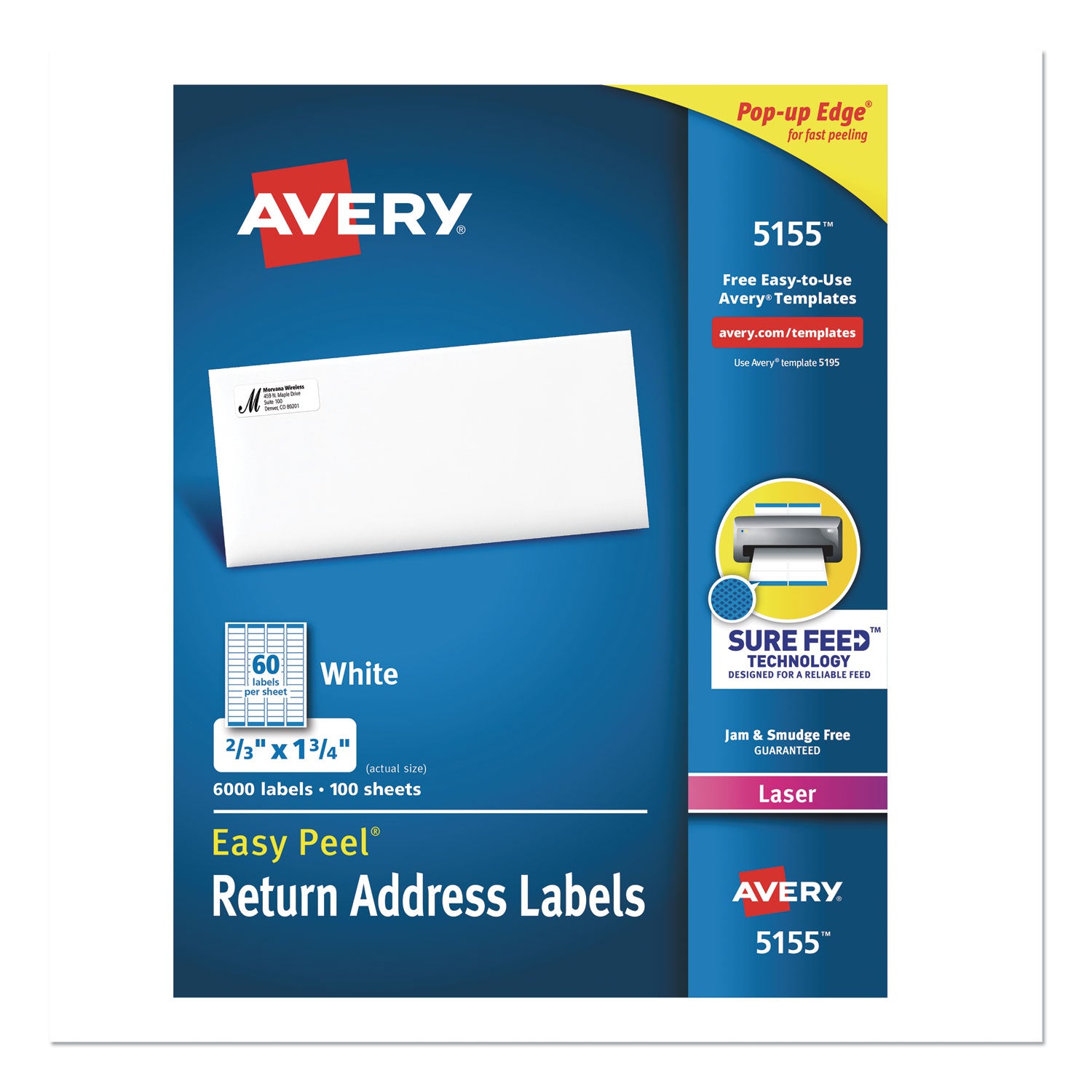 Easy Peel White Address Labels w/ Sure Feed Technology, Laser Printers, 0.66 x 1.75, White, 60/Sheet, 100 Sheets/Pack