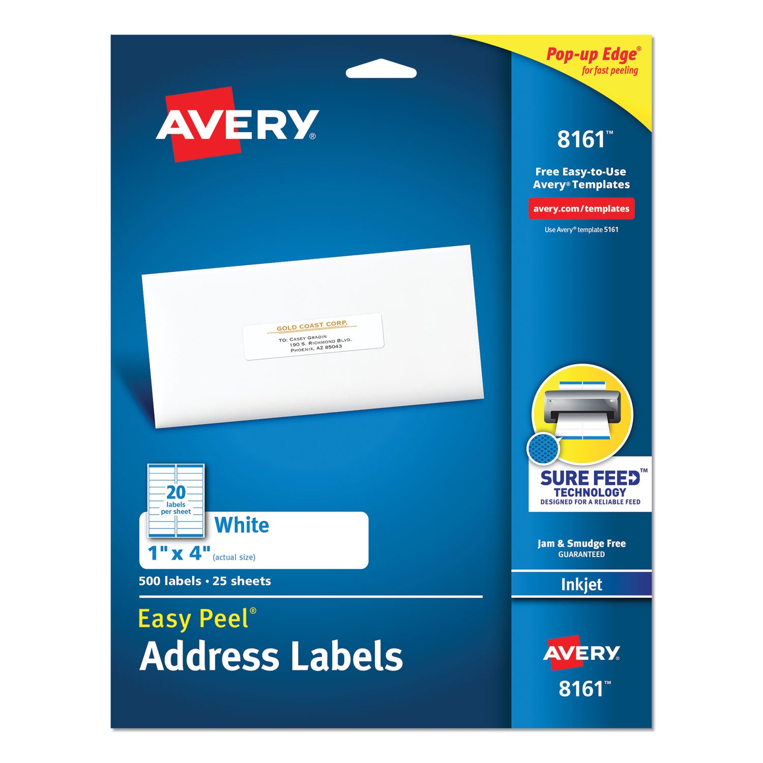 Easy Peel White Address Labels w/ Sure Feed Technology, Inkjet Printers, 1 x 4, White, 20/Sheet, 25 Sheets/Pack