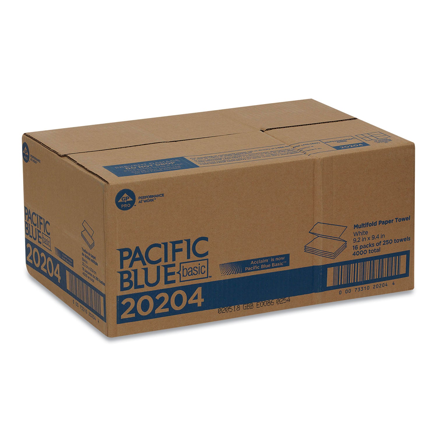 Georgia Pacific® Professional Pacific Blue Basic Folded Paper Towel, 1-Ply, 9.2 x 9.4, White, 250/Pack, 16 Packs/Carton