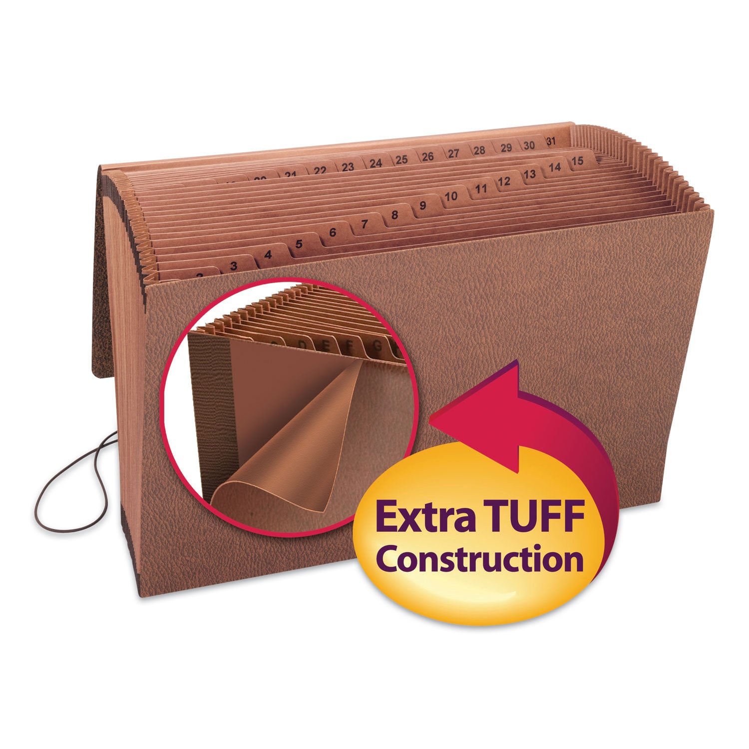 TUFF Expanding Wallet, 31 Sections, Elastic Cord Closure, 1/15-Cut Tabs, Legal Size, Redrope