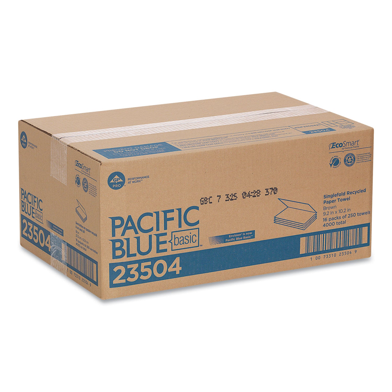 Georgia Pacific® Professional Pacific Blue Basic S-Fold Paper Towels, 1-Ply, 10.25 x 9.25, Brown, 250/Pack, 16 Packs/Carton