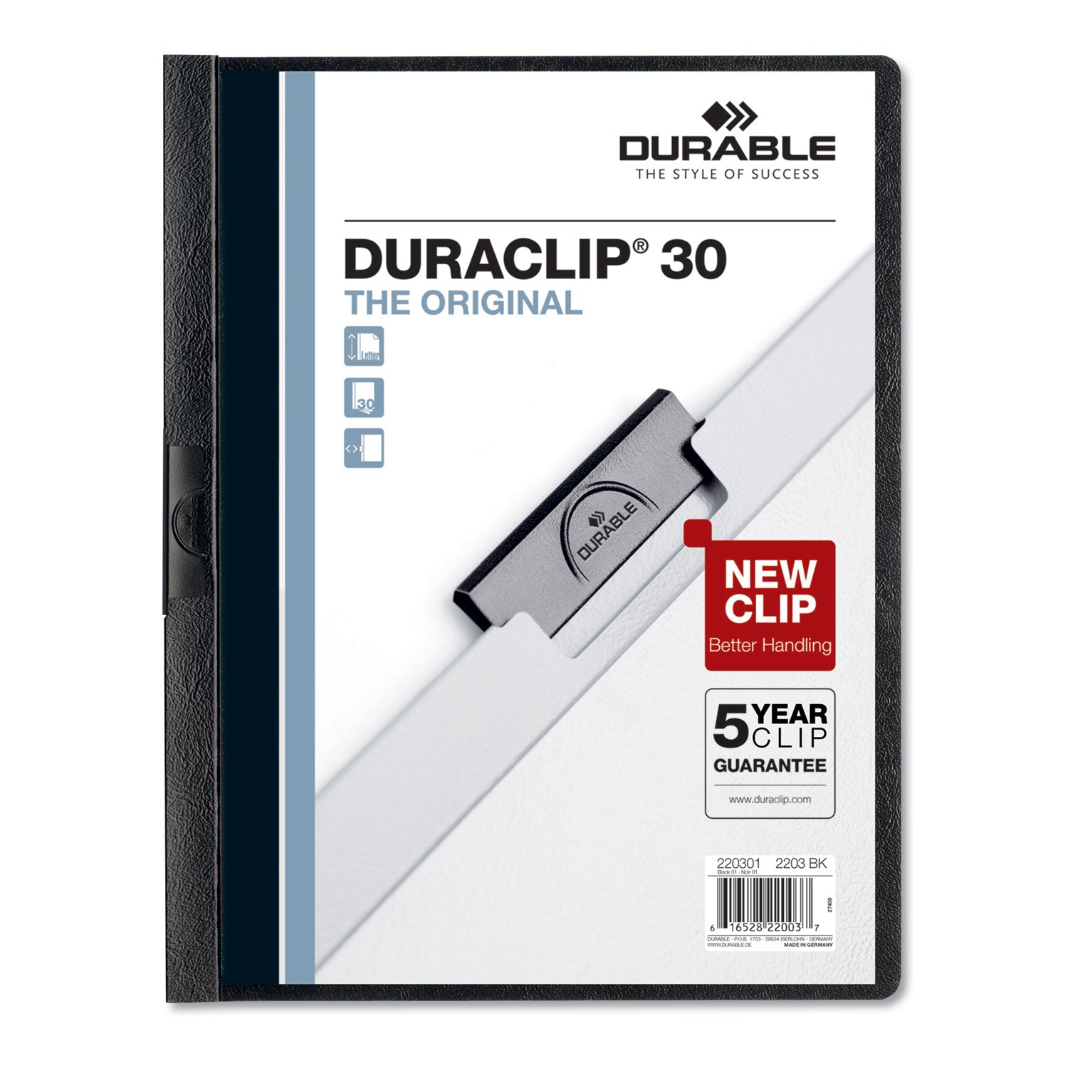 Durable® DuraClip Report Cover, Clip Fastener,  8.5 x 11, Clear/Black, 5/Pack