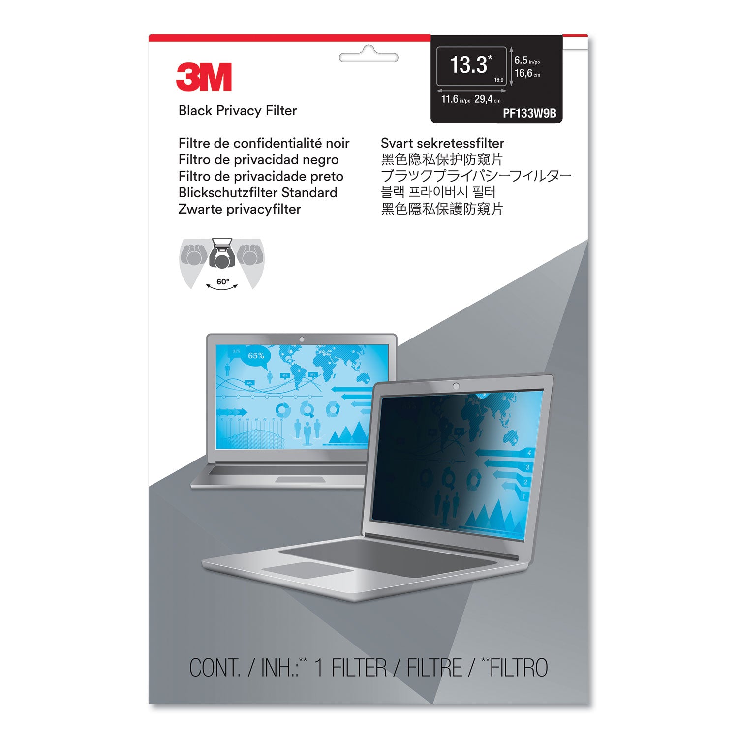 3M™ Frameless Blackout Privacy Filter for 13.3" Widescreen Laptop, 16:9 Aspect Ratio