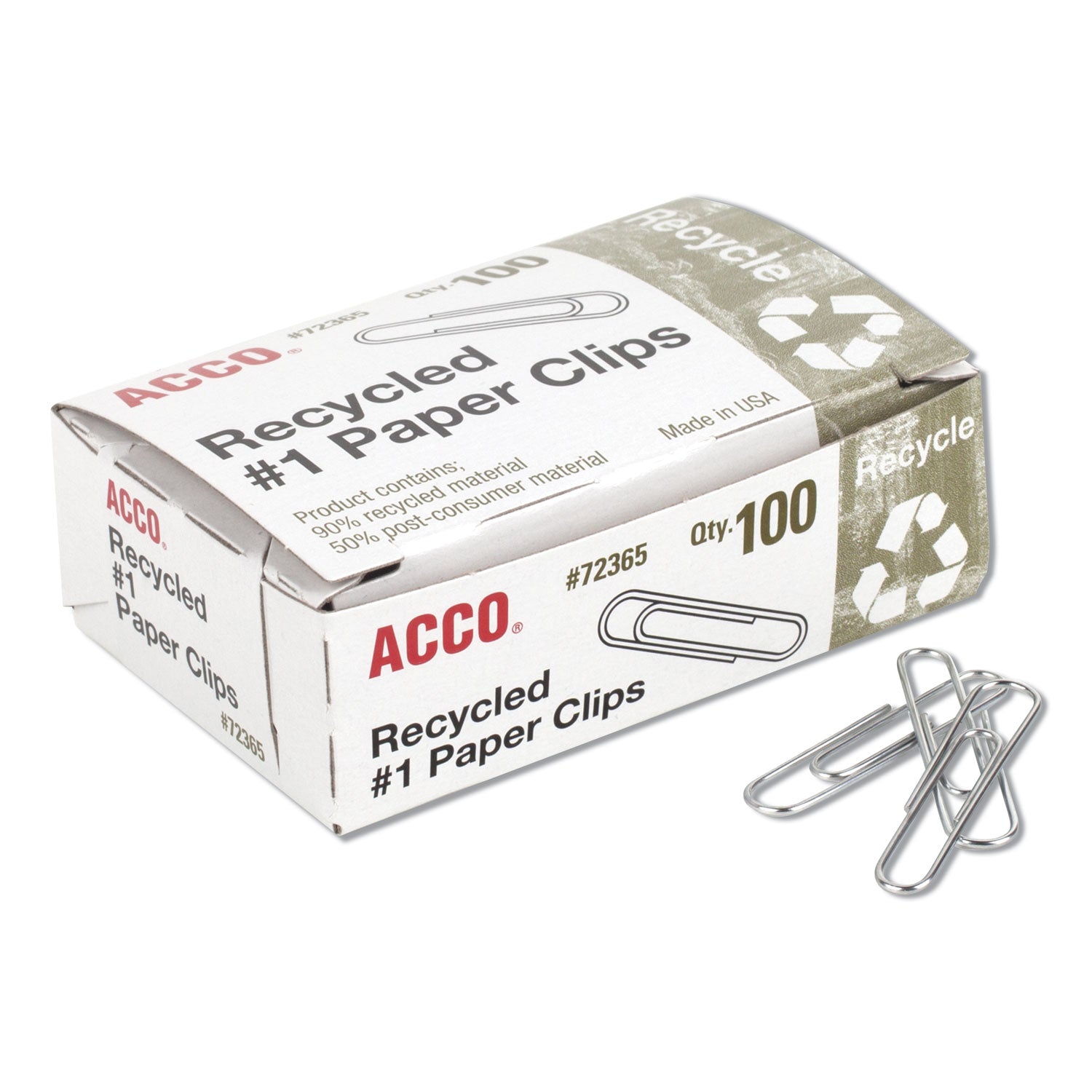 Recycled Paper Clips, #1, Smooth, Silver, 100 Clips/Box, 10 Boxes/Pack