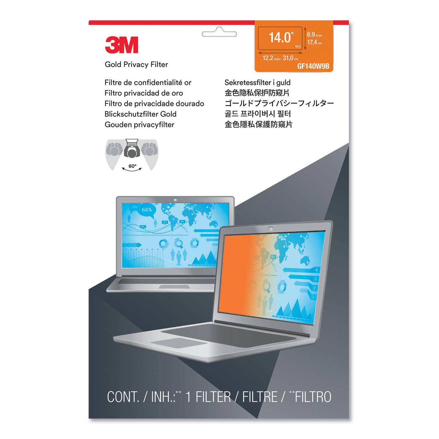 3M™ Gold Frameless Privacy Filter for 14" Widescreen Laptop, 16:9 Aspect Ratio