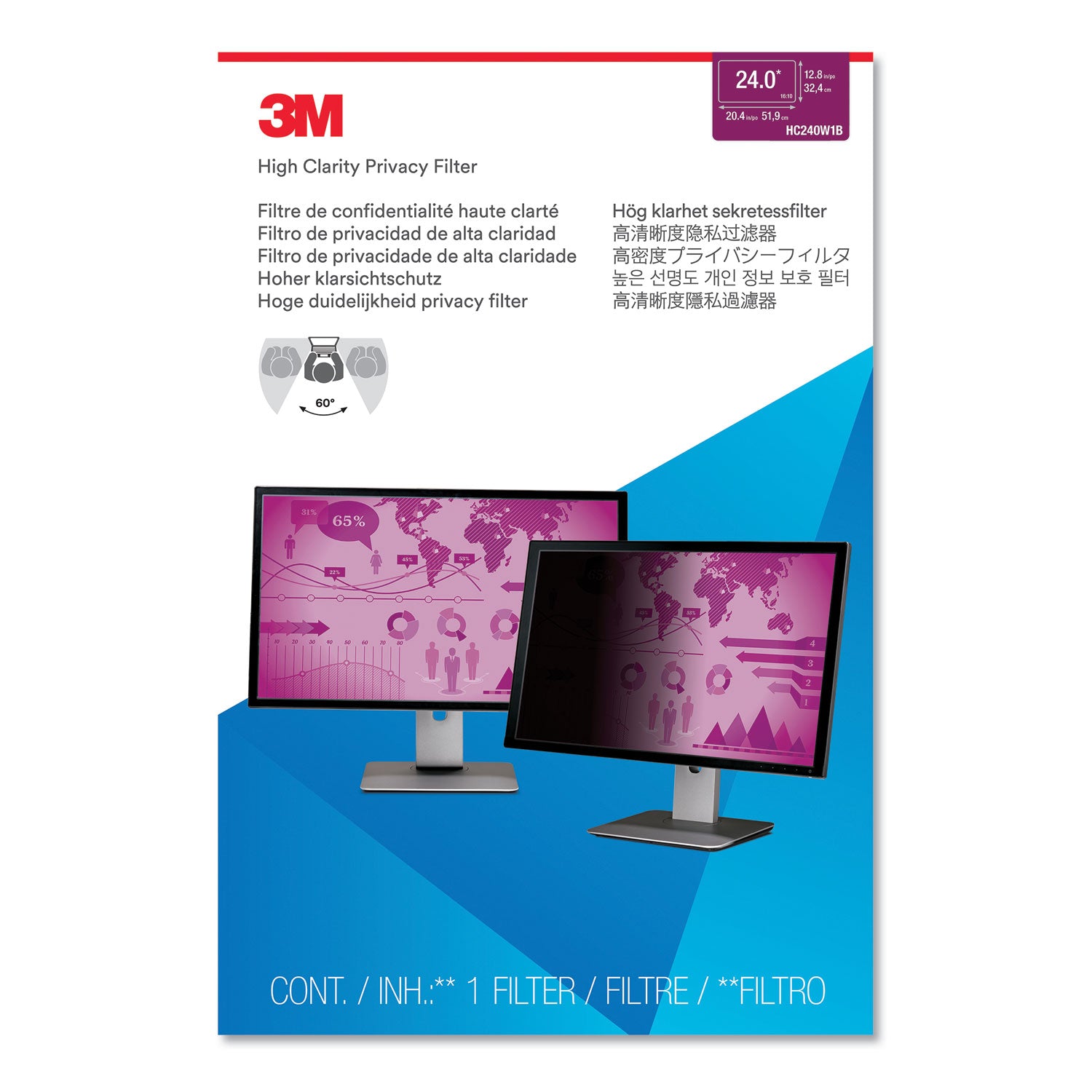 3M™ High Clarity Privacy Filter for 24" Widescreen Flat Panel Monitor, 16:10 Aspect Ratio