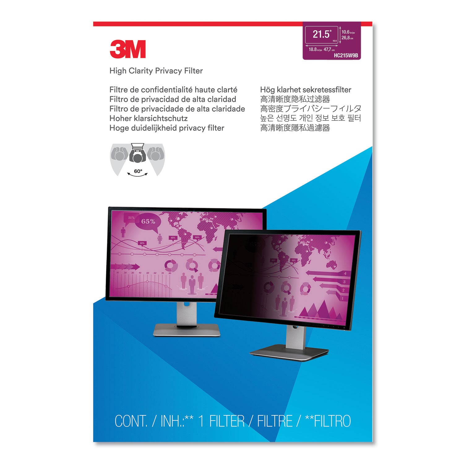 3M™ High Clarity Privacy Filter for 21.5" Widescreen Flat Panel Monitor, 16:9 Aspect Ratio