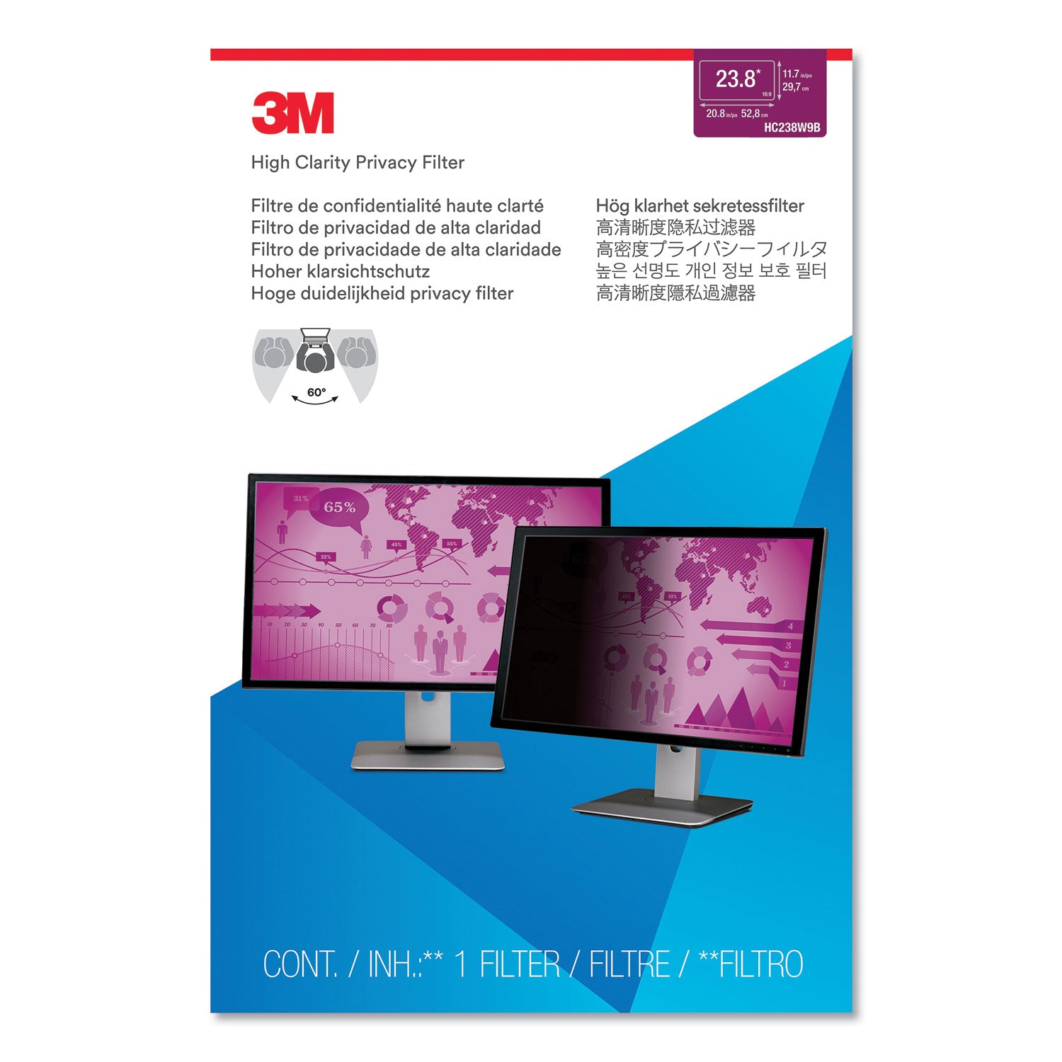 3M™ High Clarity Privacy Filter for 23.8" Widescreen Flat Panel Monitor, 16:9 Aspect Ratio