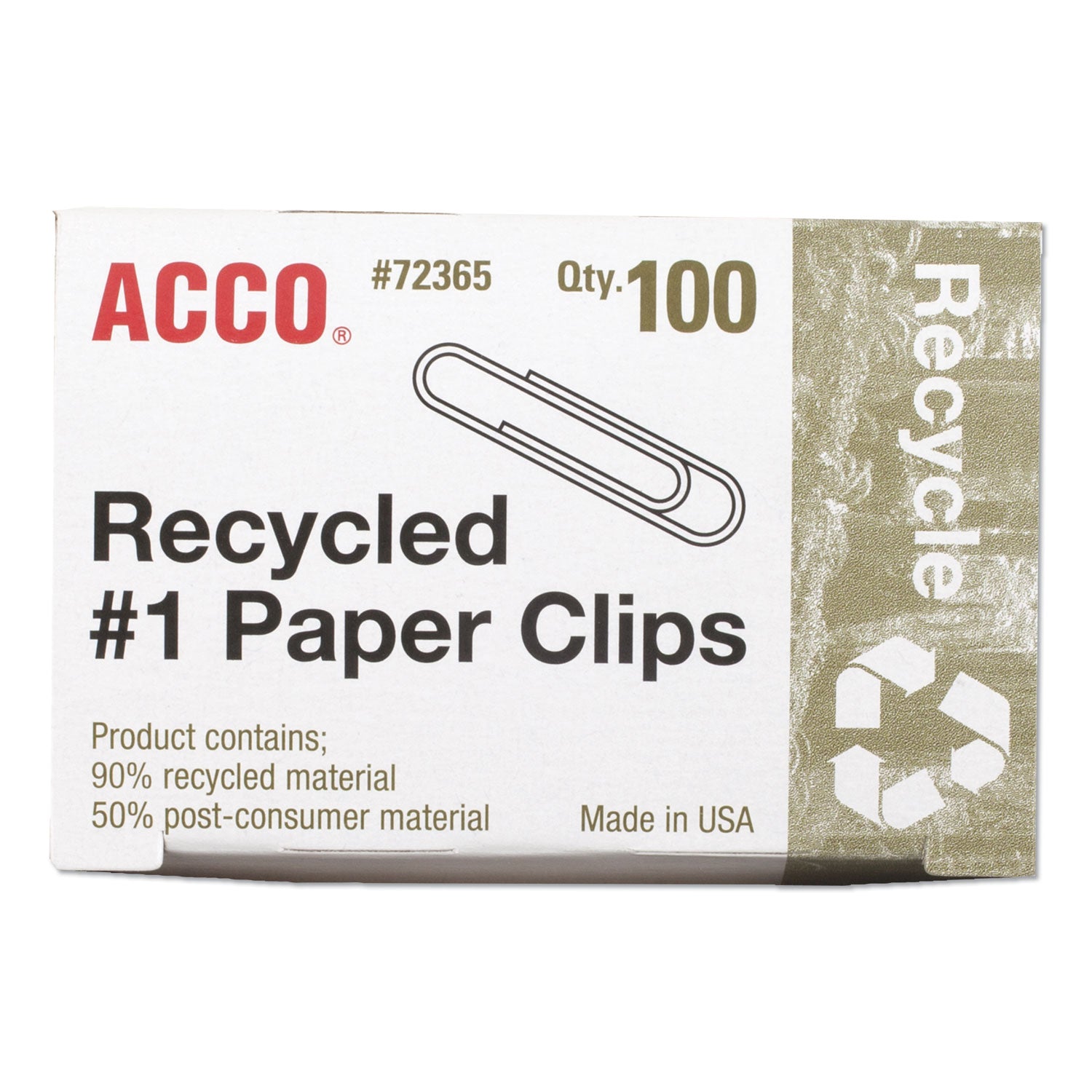 ACCO Recycled Paper Clips, #1, Smooth, Silver, 100 Clips/Box, 10 Boxes/Pack