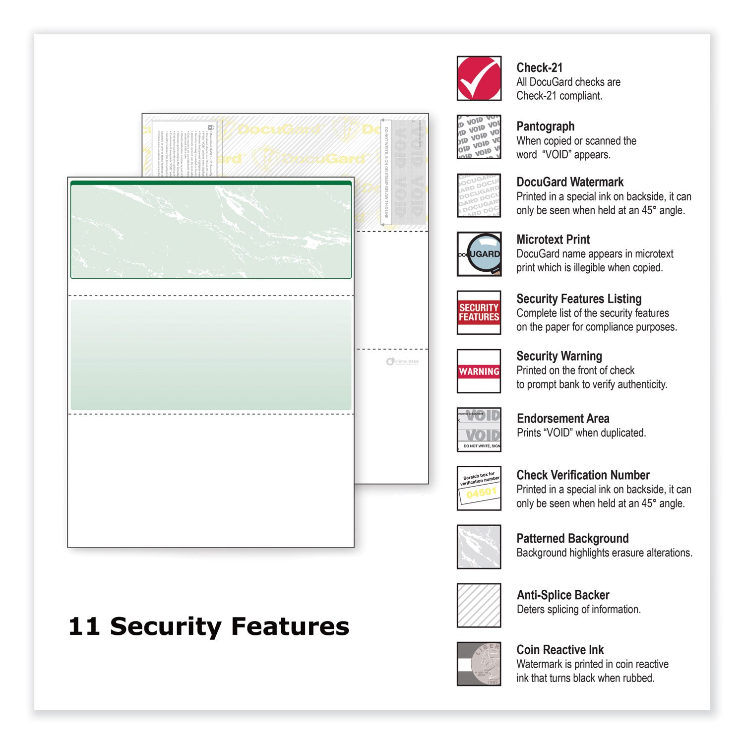 DocuGard™ Standard Security Check, 11 Features, 8.5 x 11, Green Marble Top, 500/Ream