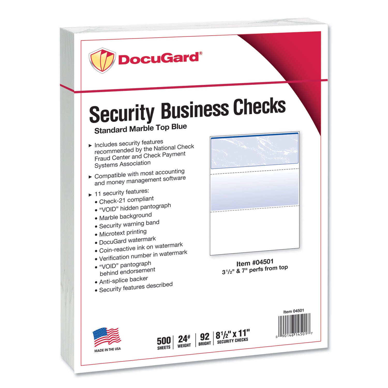 Security Business Checks, 11 Features, 8.5 x 11, Blue Marble Top, 500/Ream