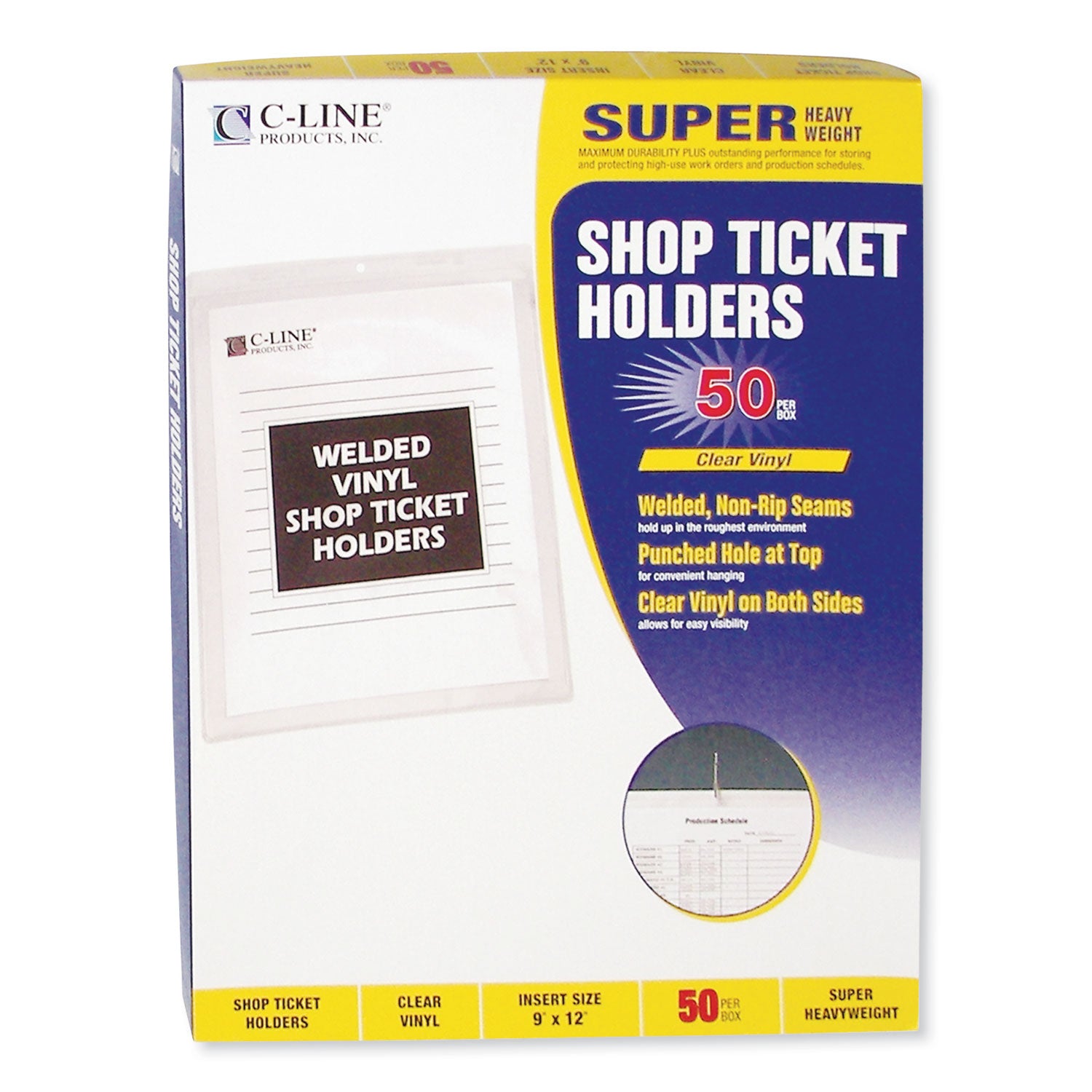 C-Line® Clear Vinyl Shop Ticket Holders, Both Sides Clear, 50 Sheets, 9 x 12, 50/Box