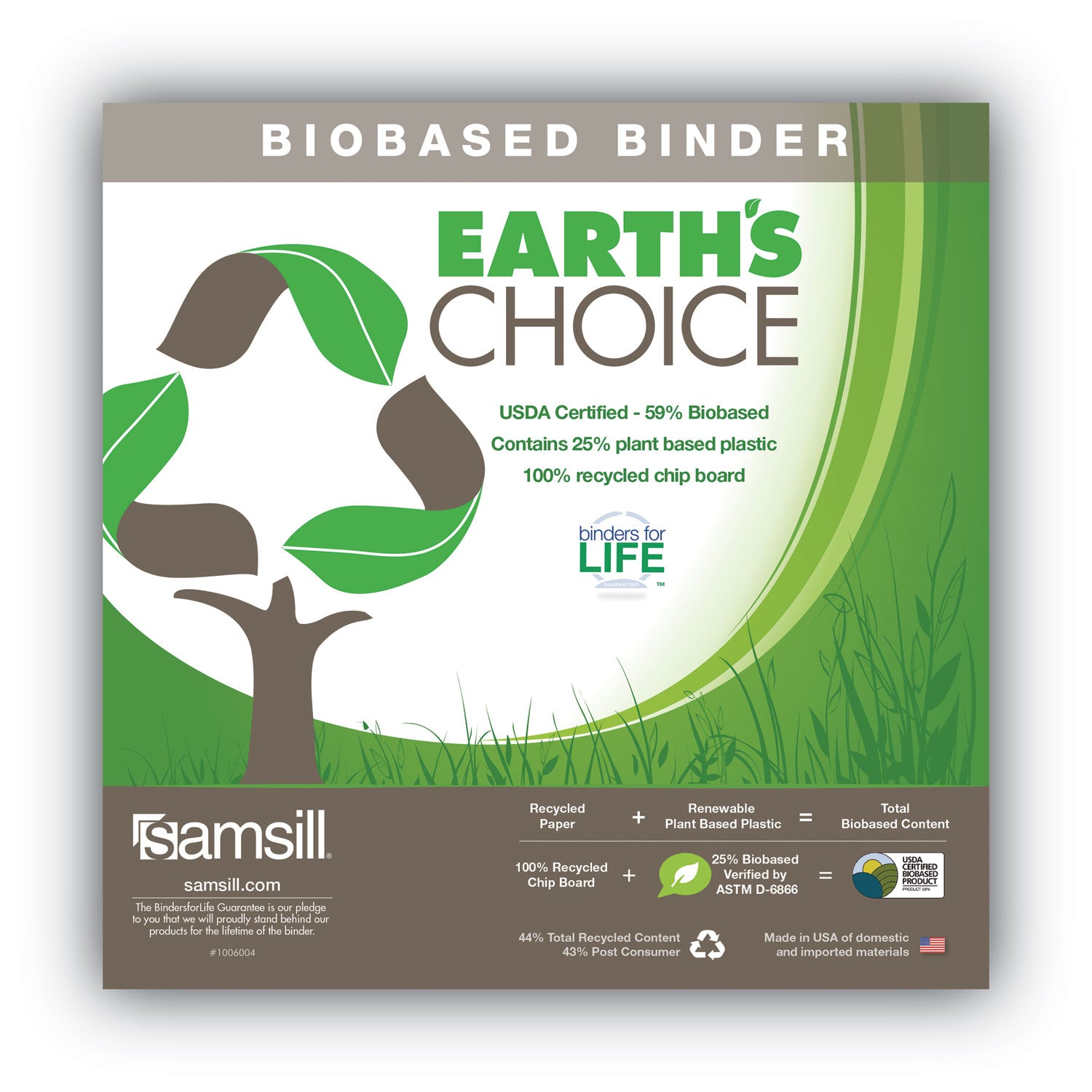 Samsill® Earth’s Choice Plant-Based Durable Fashion View Binder, 3 Rings, 1" Capacity, 11 x 8.5, Lime, 2/Pack