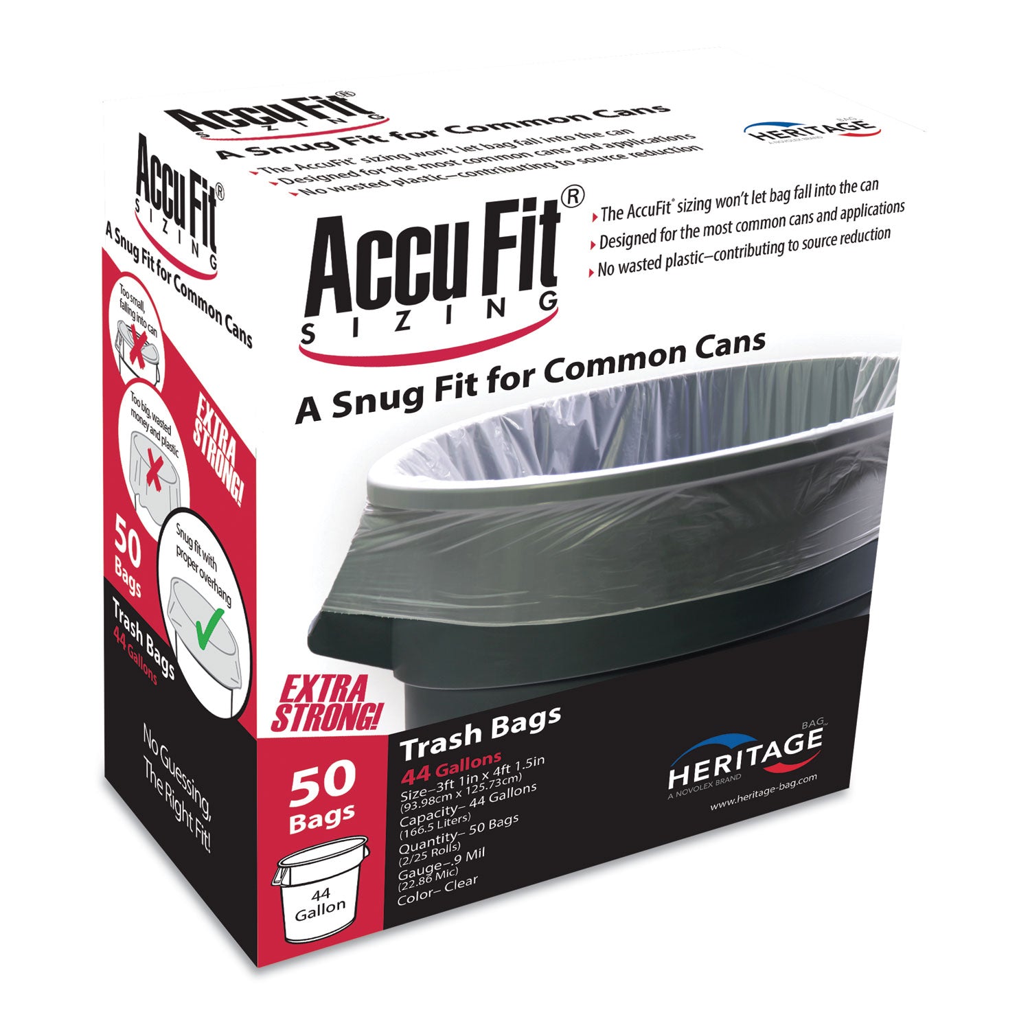 Linear Low Density Can Liners with AccuFit Sizing, 44 gal, 0.9 mil, 37" x 50", Clear, 50/Box