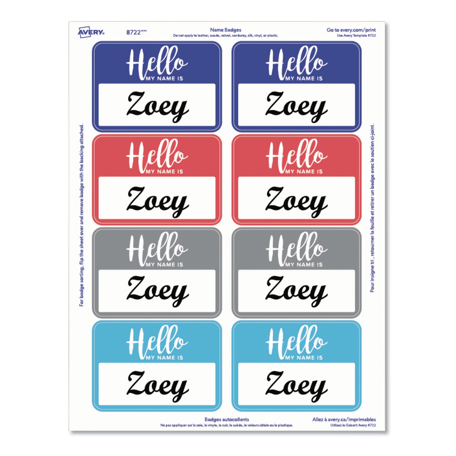 Avery® Flexible Adhesive Name Badge Labels, "Hello", 3 3/8 x 2 1/3, Assorted, 120/PK