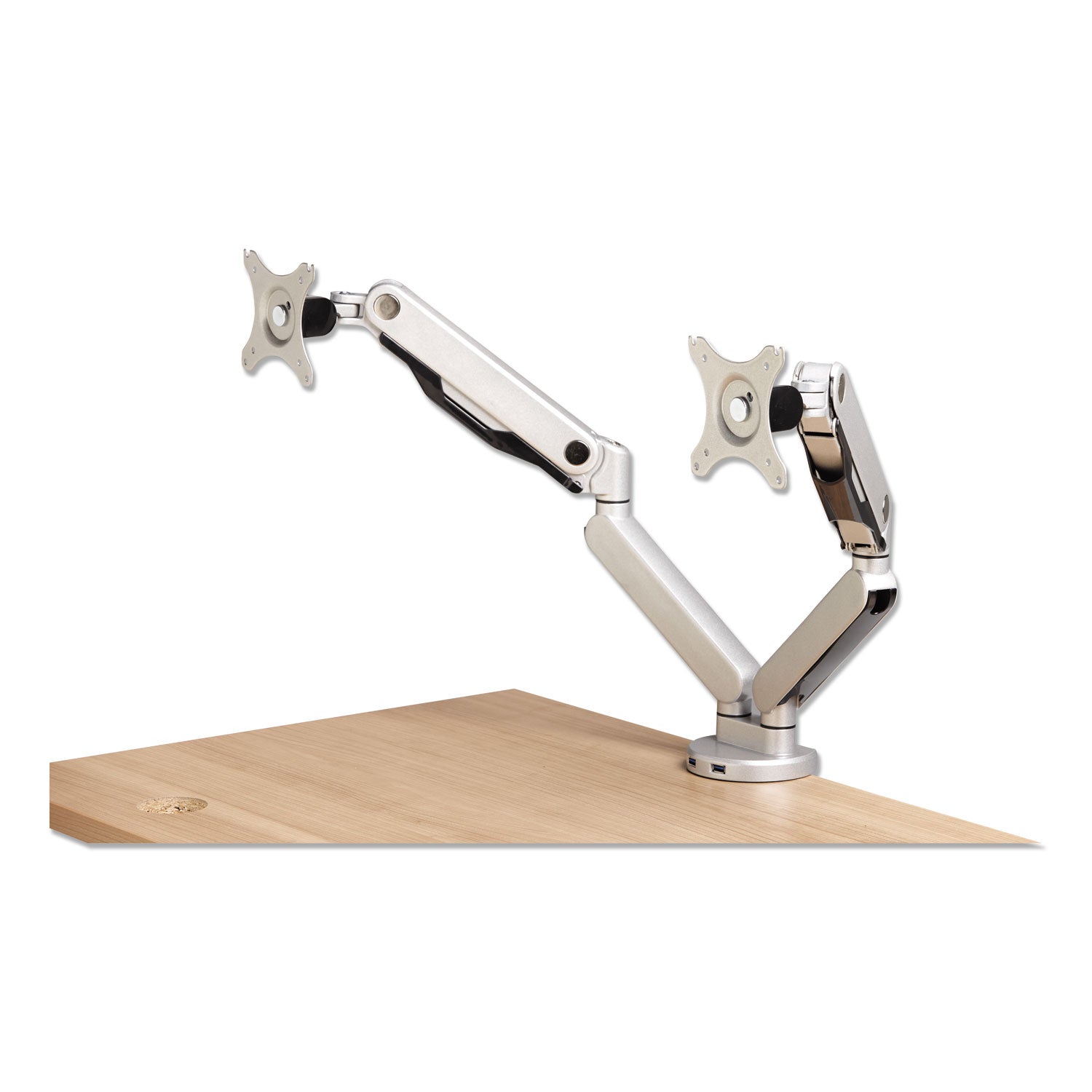 Dual Monitor Arm with USB, for 21" Monitors, 360 deg Rotation/Pan,+15 deg/-85 deg Tilt, Silver, Up to 19.8 lb