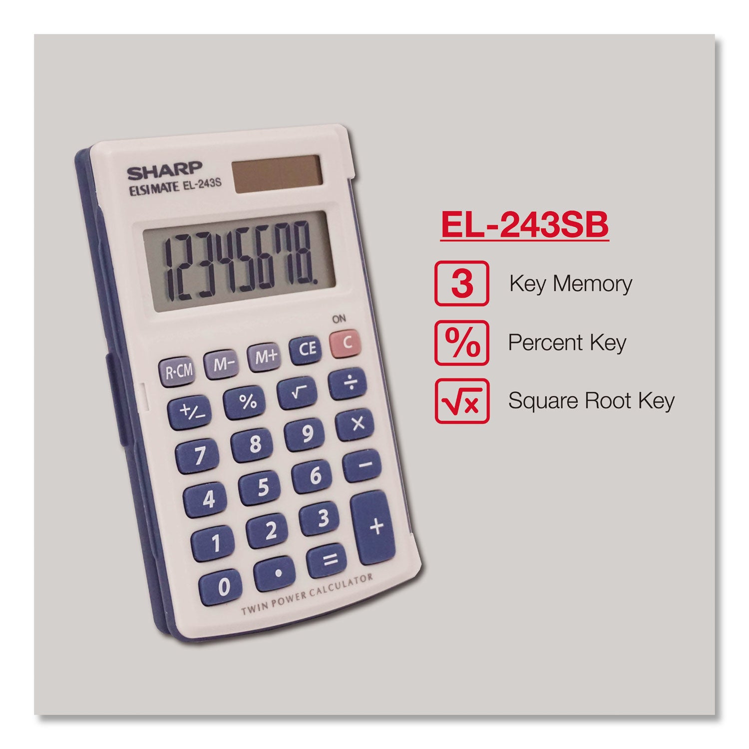 Sharp® EL-243SB Solar Pocket Calculator, 8-Digit LCD