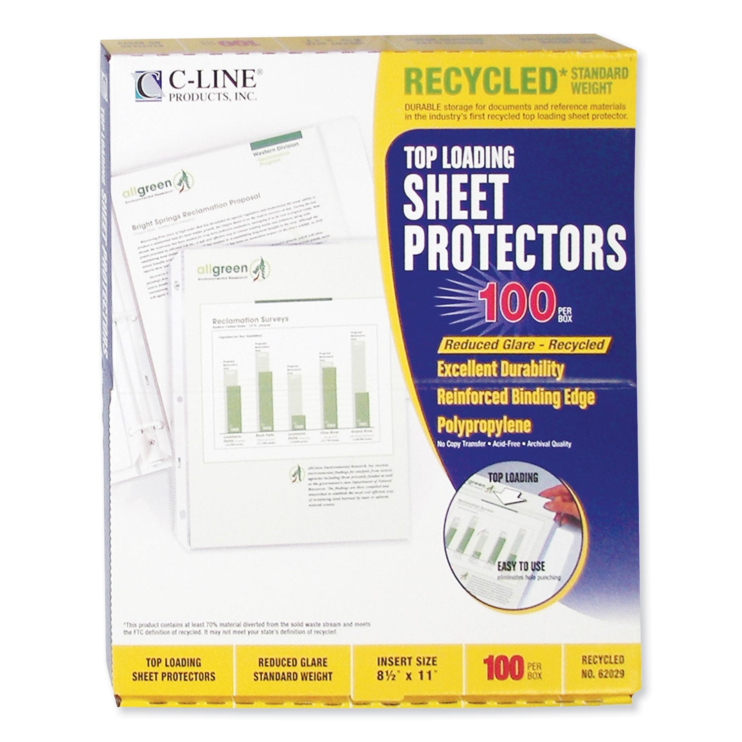 C-Line® Recycled Polypropylene Sheet Protectors, Reduced Glare, 2", 11 x 8.5, 100/Box