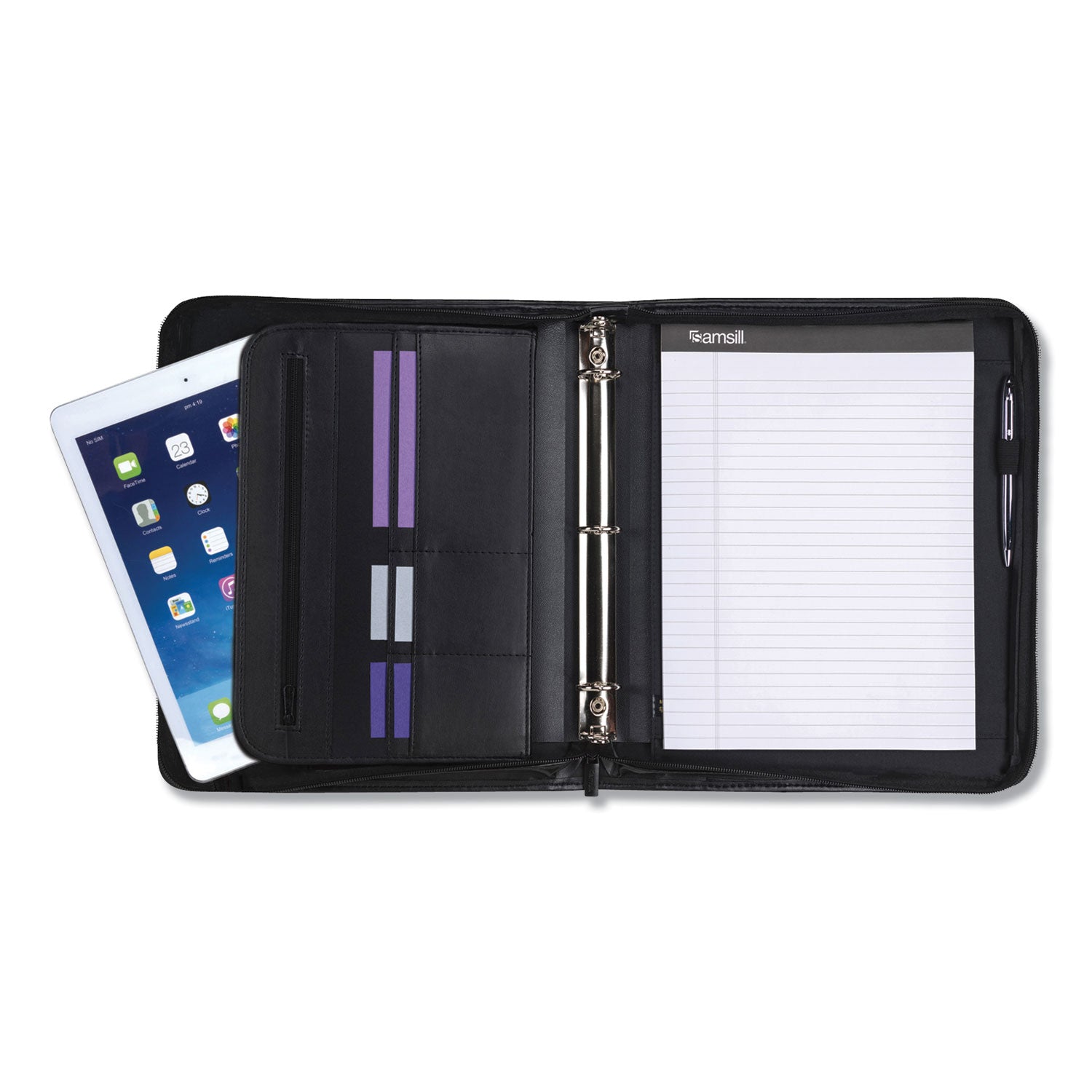 Samsill® Professional Zippered Pad Holder/Ring Binder, Pockets, Writing Pad, Vinyl Black