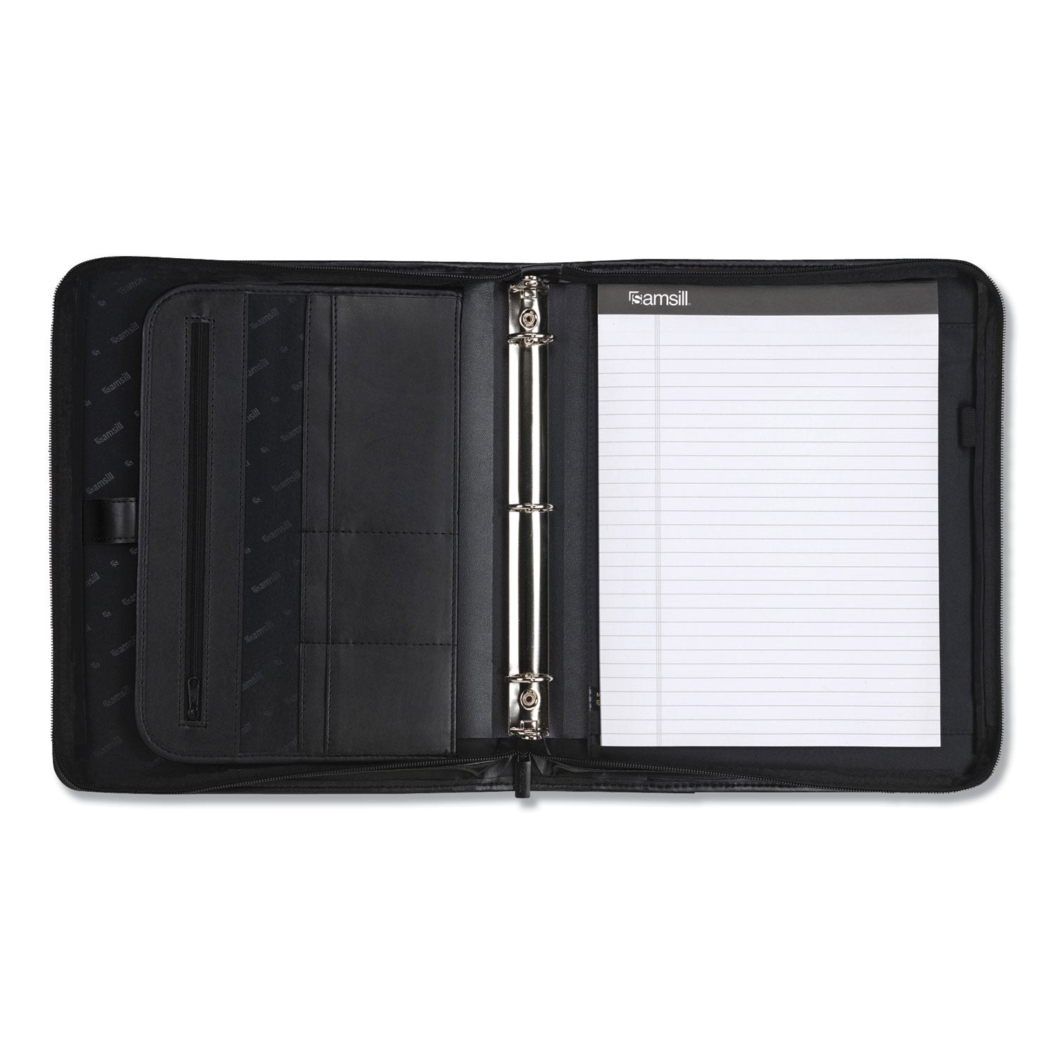 Samsill® Professional Zippered Pad Holder/Ring Binder, Pockets, Writing Pad, Vinyl Black