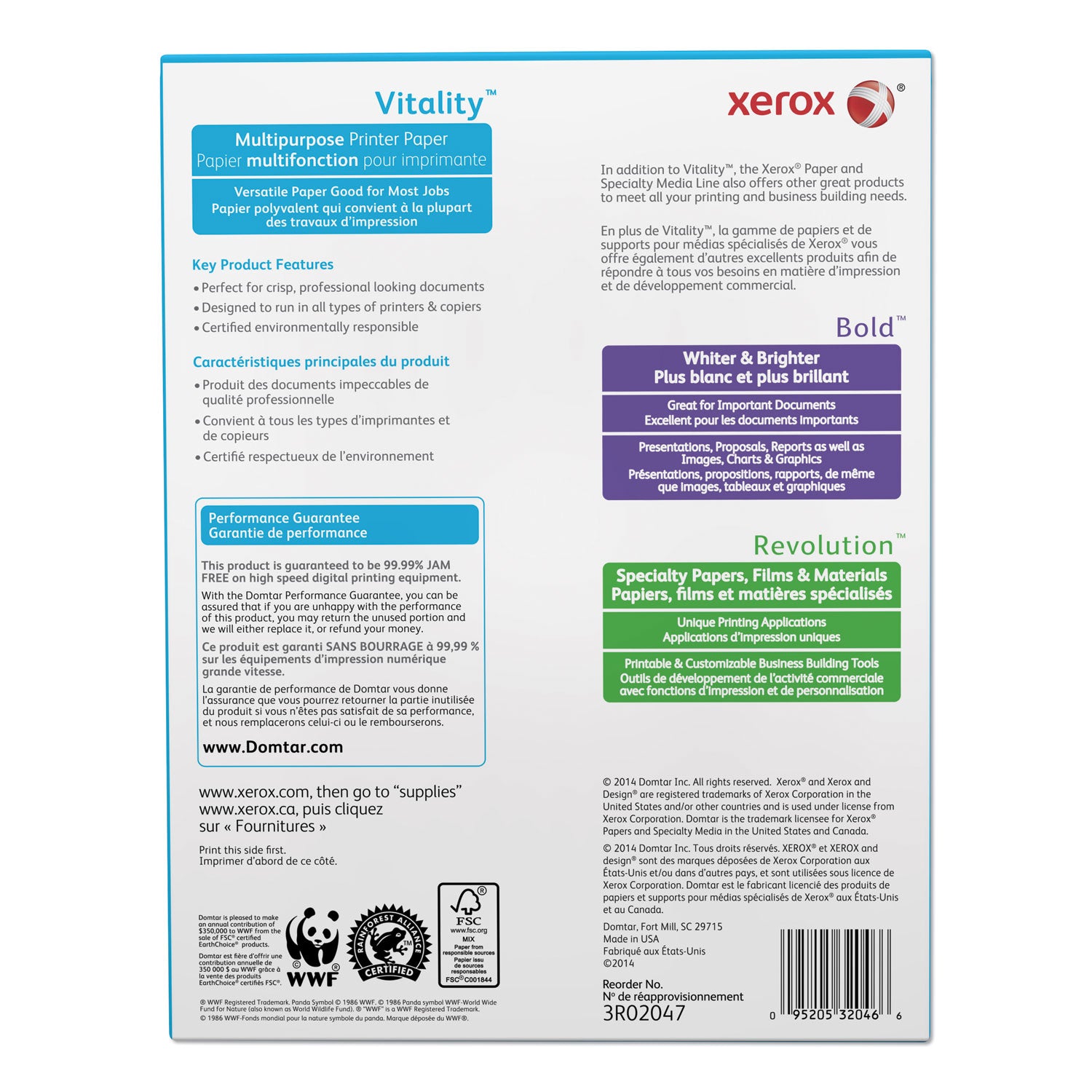 xerox™ Vitality Multipurpose Print Paper, 92 Bright, 20 lb Bond Weight, 8.5 x 11, White, 500/Ream